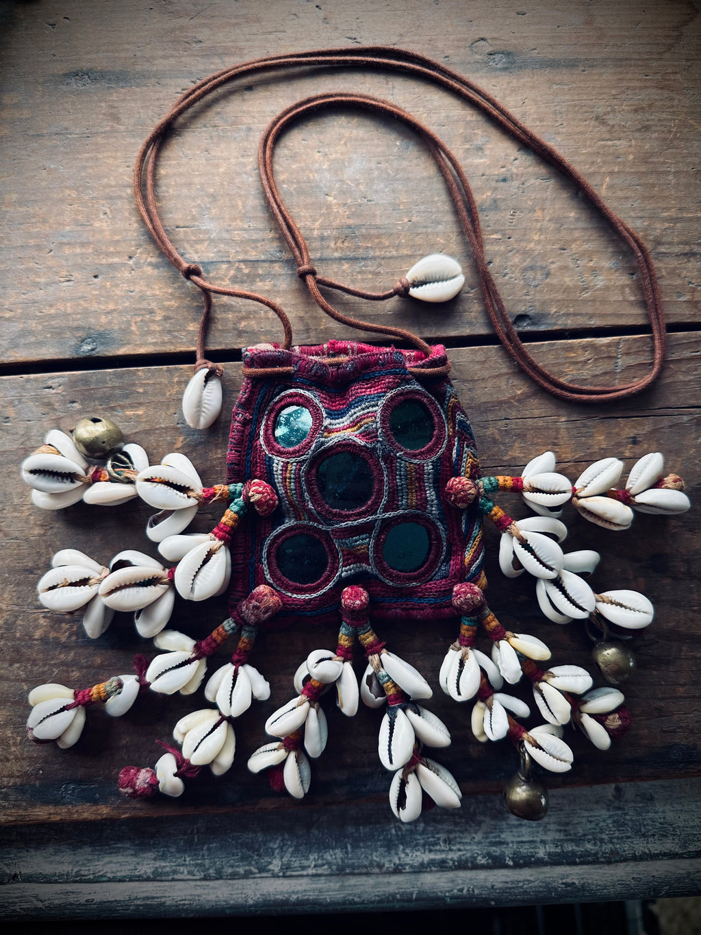 3”x3” Beautiful banjara mini pouch/purse on adjustable string with cowries
