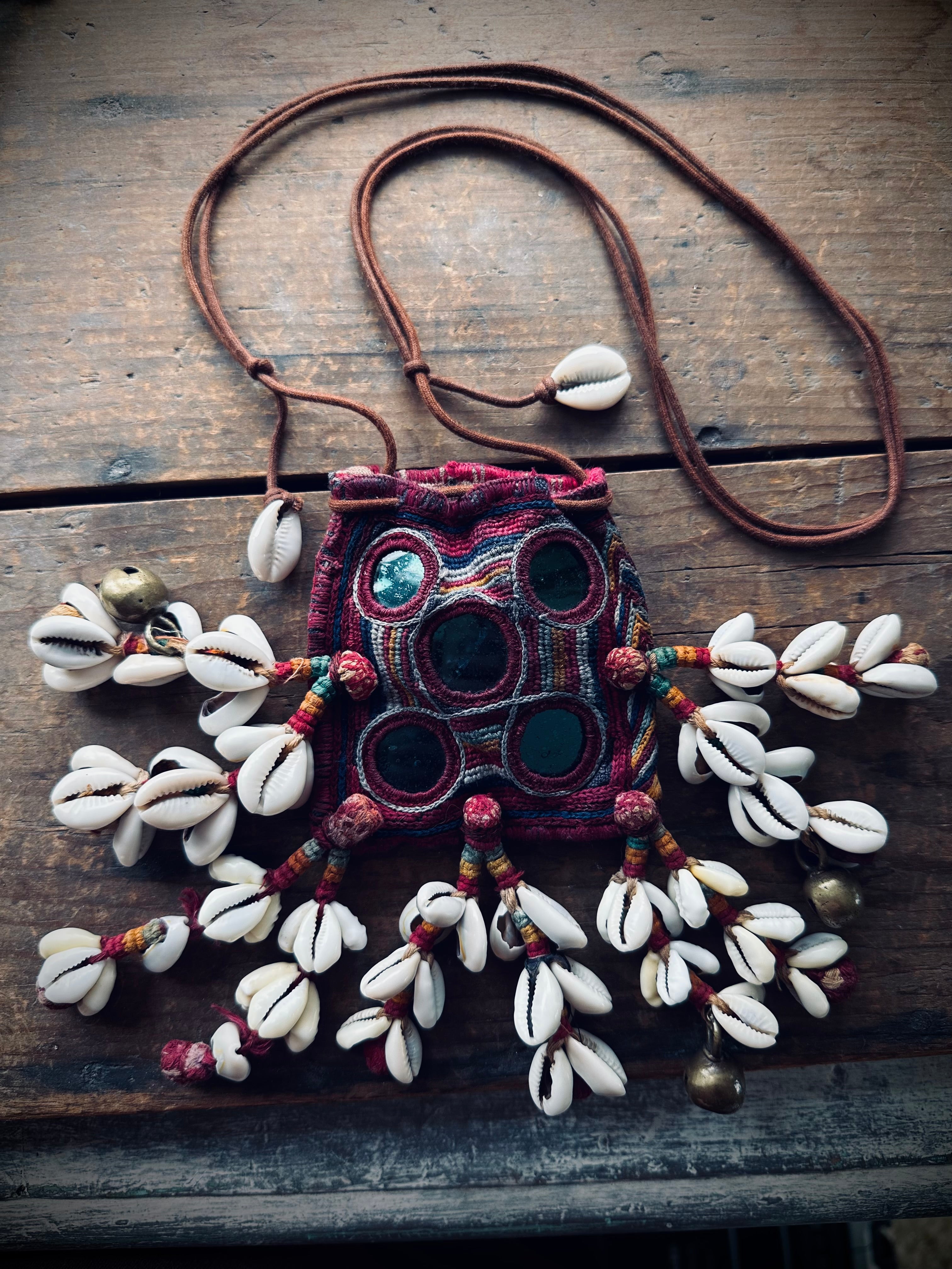 3”x3” Beautiful banjara mini pouch/purse on adjustable string with cowries