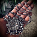 Vintage large silver patterned talisman pendant with bells on 22” adjustable chain