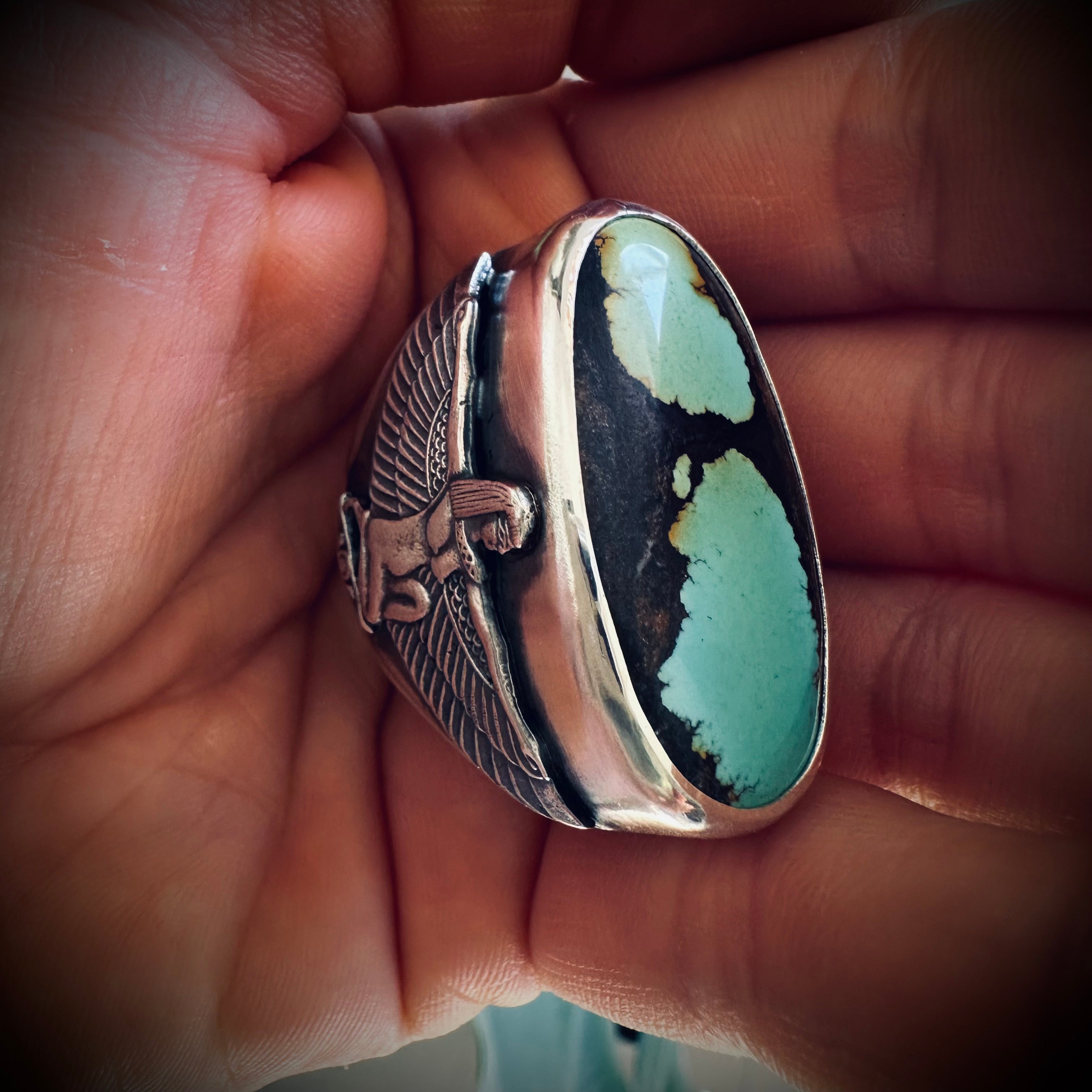 Size 6.5 (M 1/2) Sterling silver hallmarked turquoise winged Isis ring