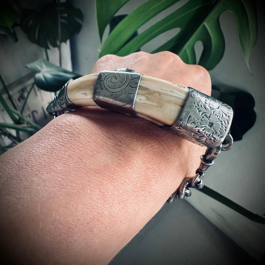 8”” reworked vintage tusk bracelet in hallmarked engraved sterling silver with turquoise