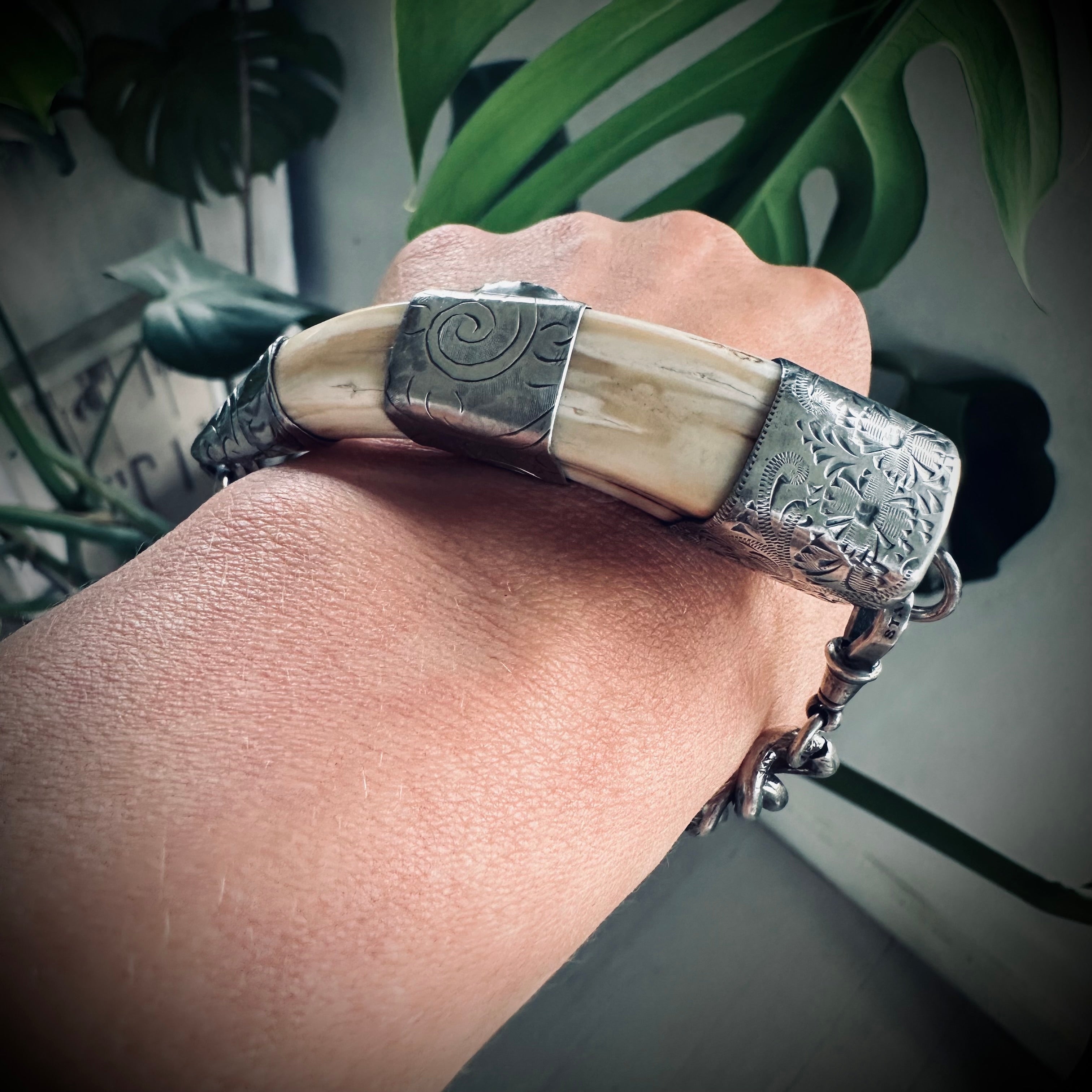 8”” reworked vintage tusk bracelet in hallmarked engraved sterling silver with turquoise