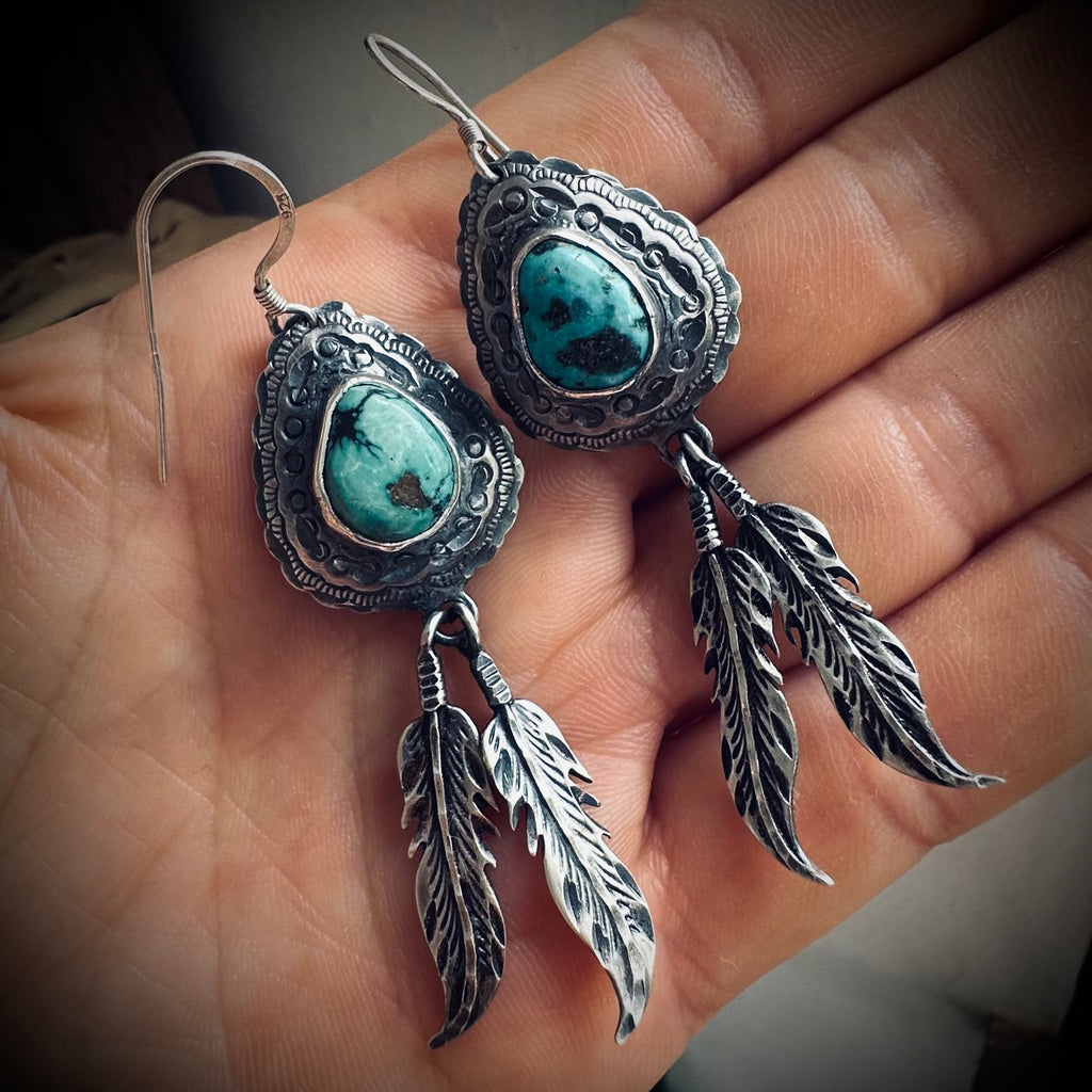 Vintage large statement feather earrings with turquoise in sterling silver