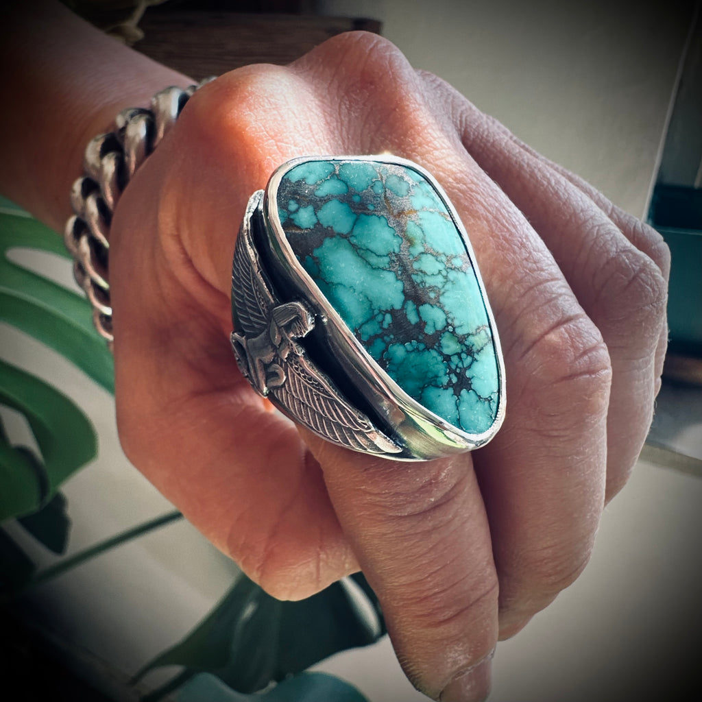 Size 9 (R 1/2) Sterling silver hallmarked turquoise winged Isis ring