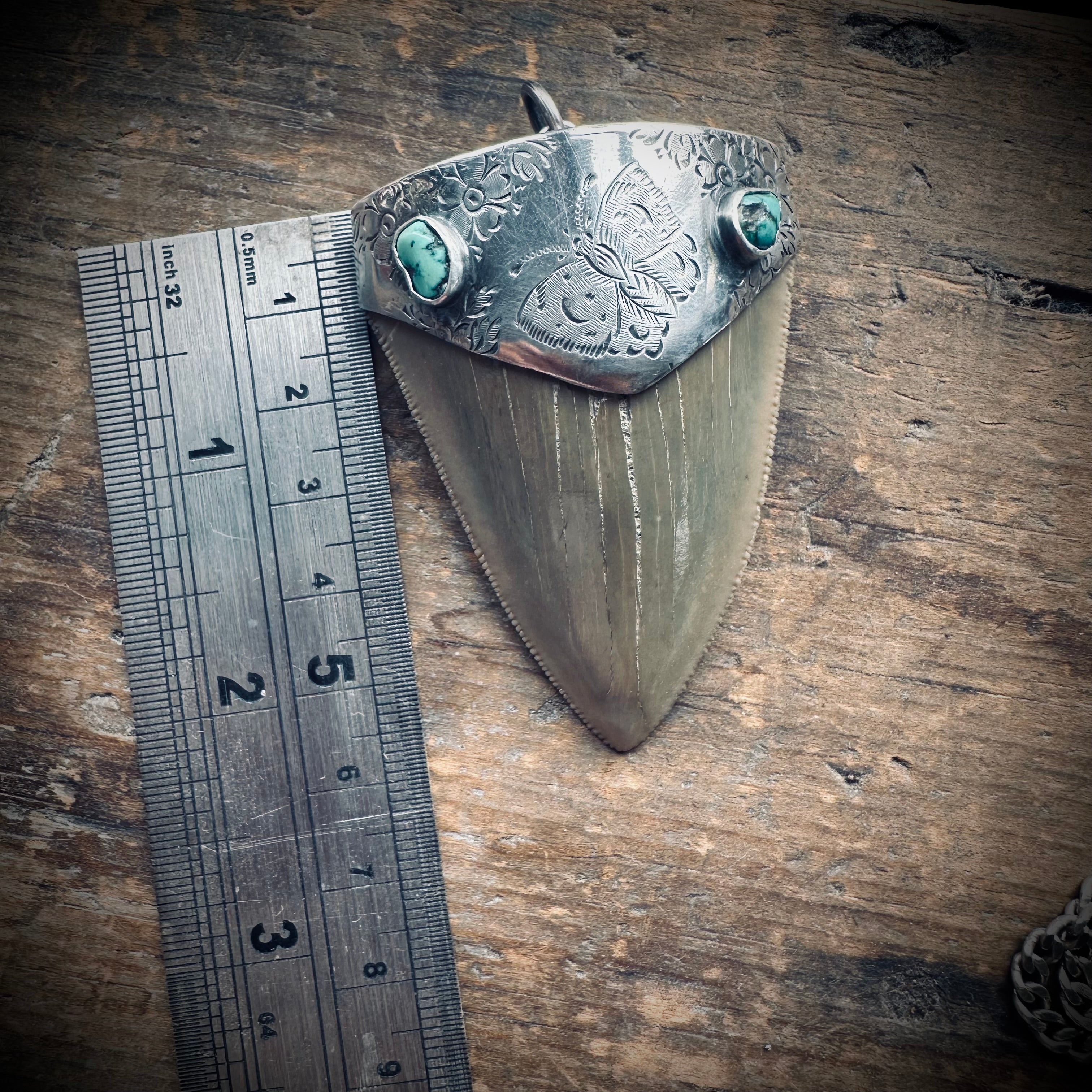Fossilised shark tooth pendant in engraved hallmarked sterling silver