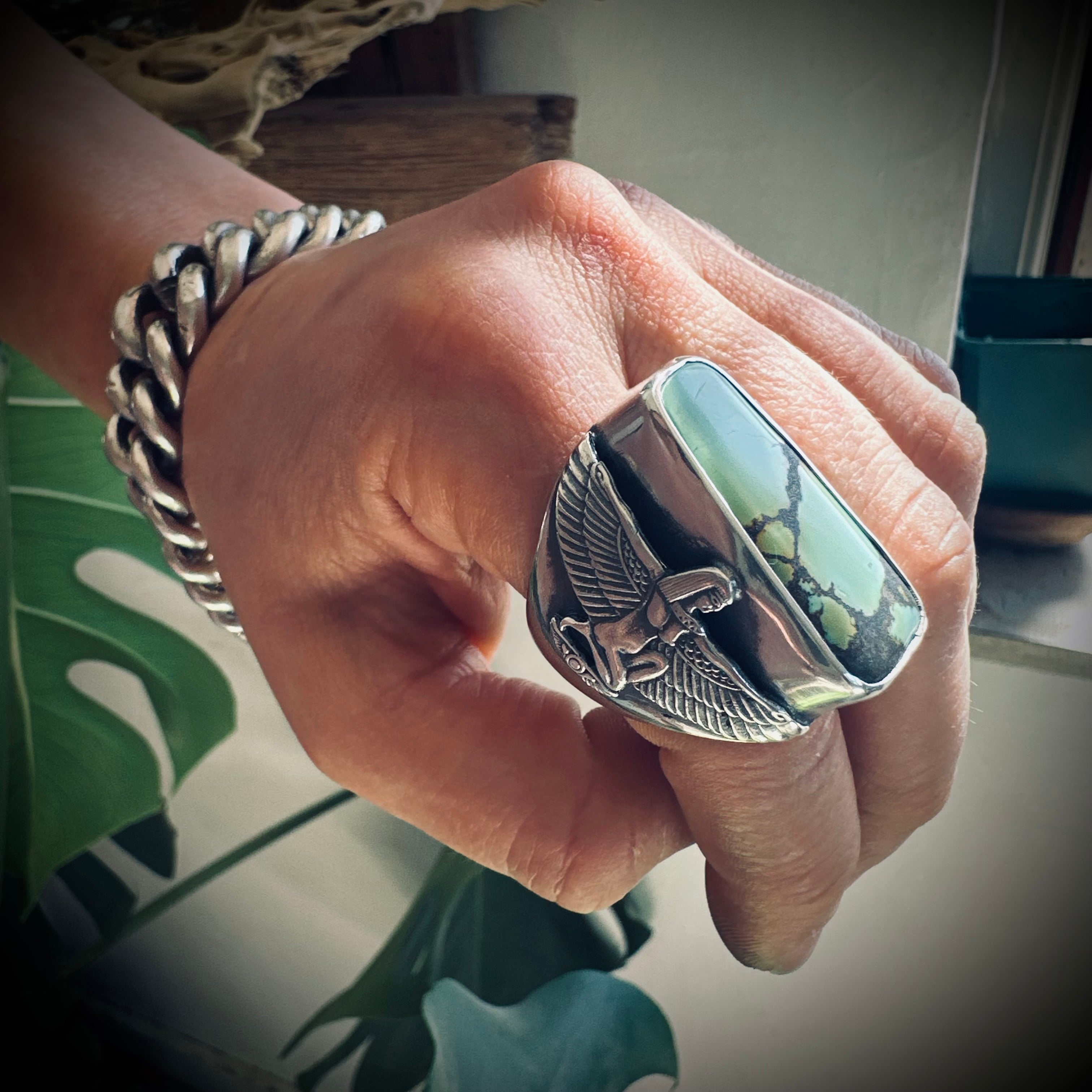 Size 9 (R 1/2) Sterling silver hallmarked turquoise winged Isis ring