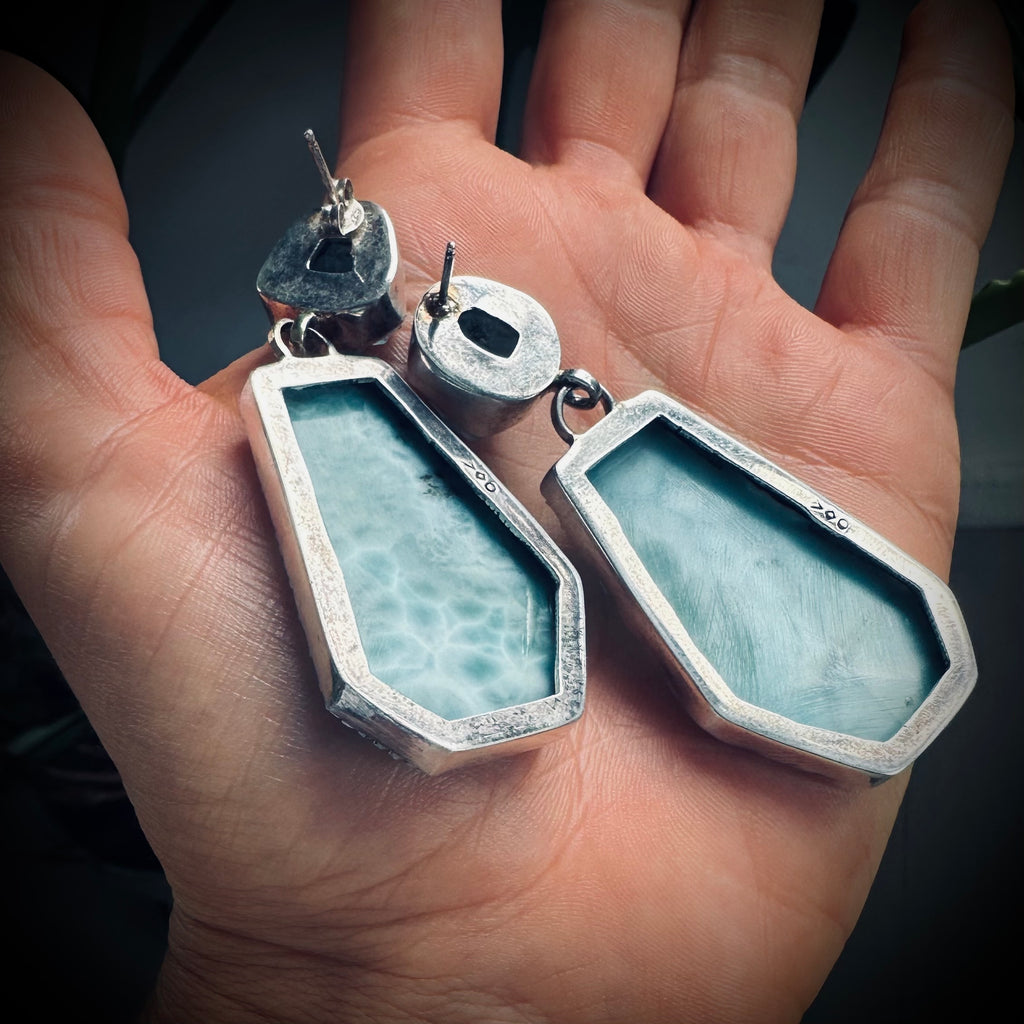 Vintage aquamarine and larimer statement earrings in sterling silver, 15g each