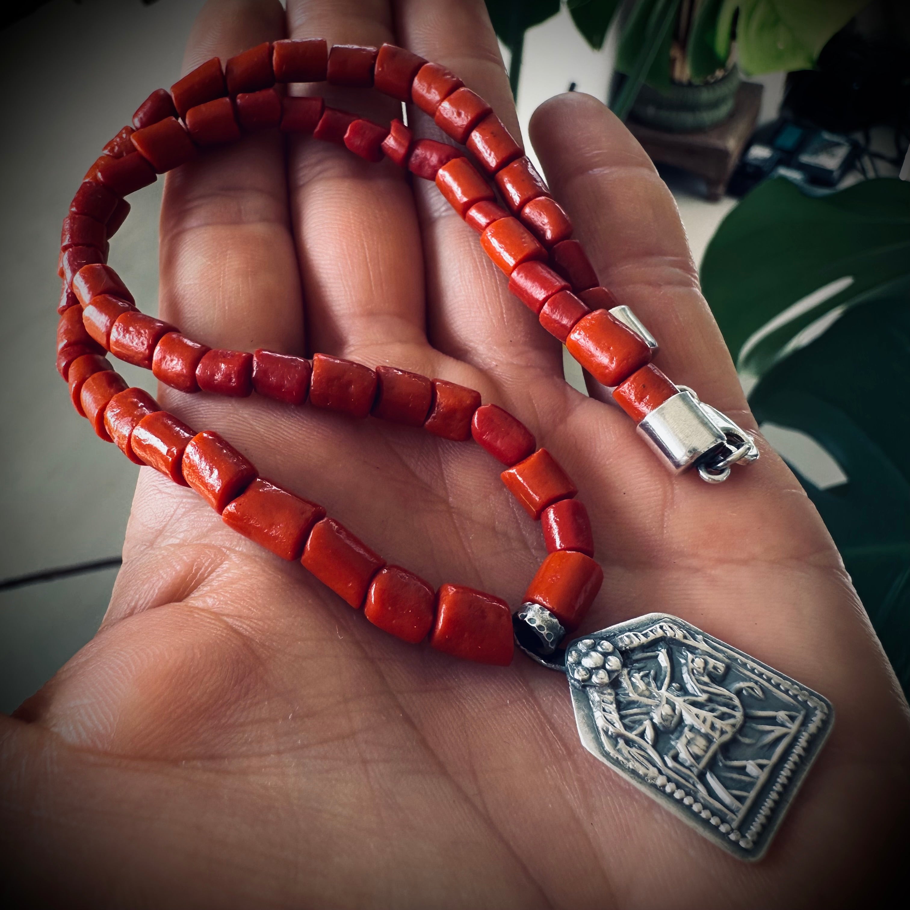 15” reworked red coral bead necklace with spiritual talisman in sterling silver