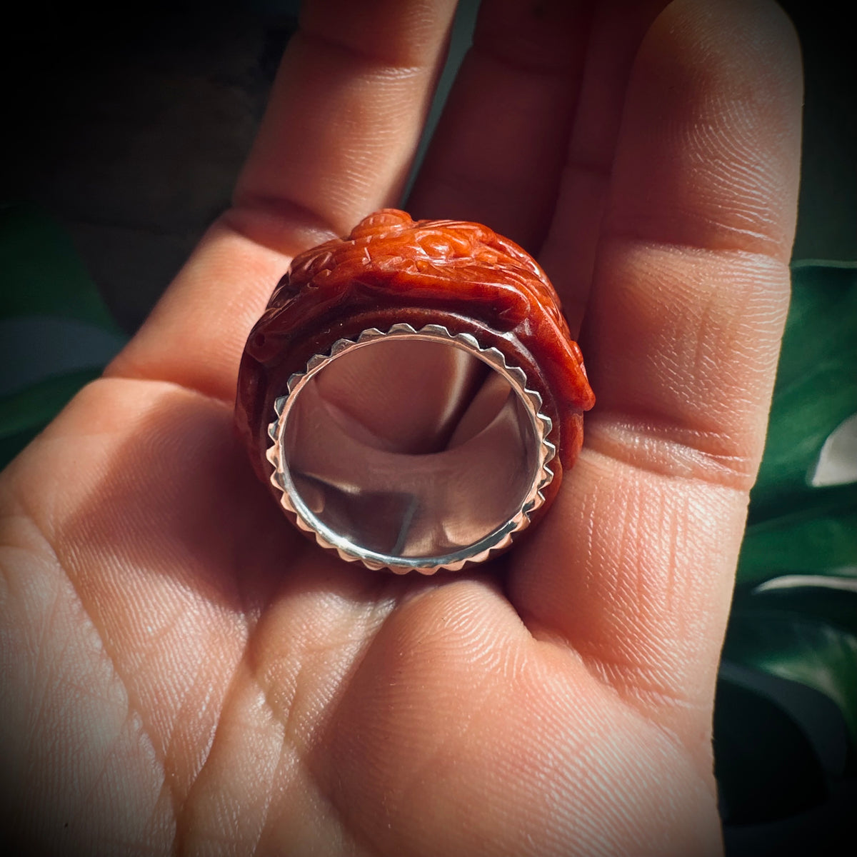 Size 7 (UK an1/2) vintage carved red jade and sterling silver ring