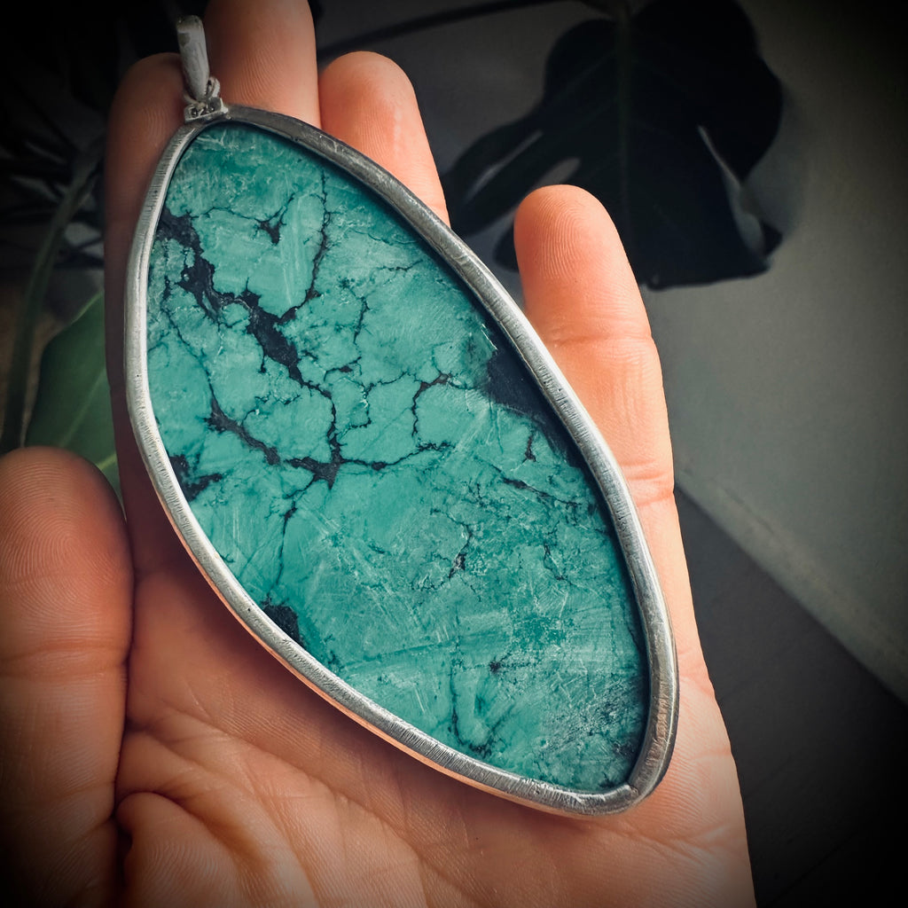 XL vintage freeform turquoise slab pendant in open backed sterling silver setting