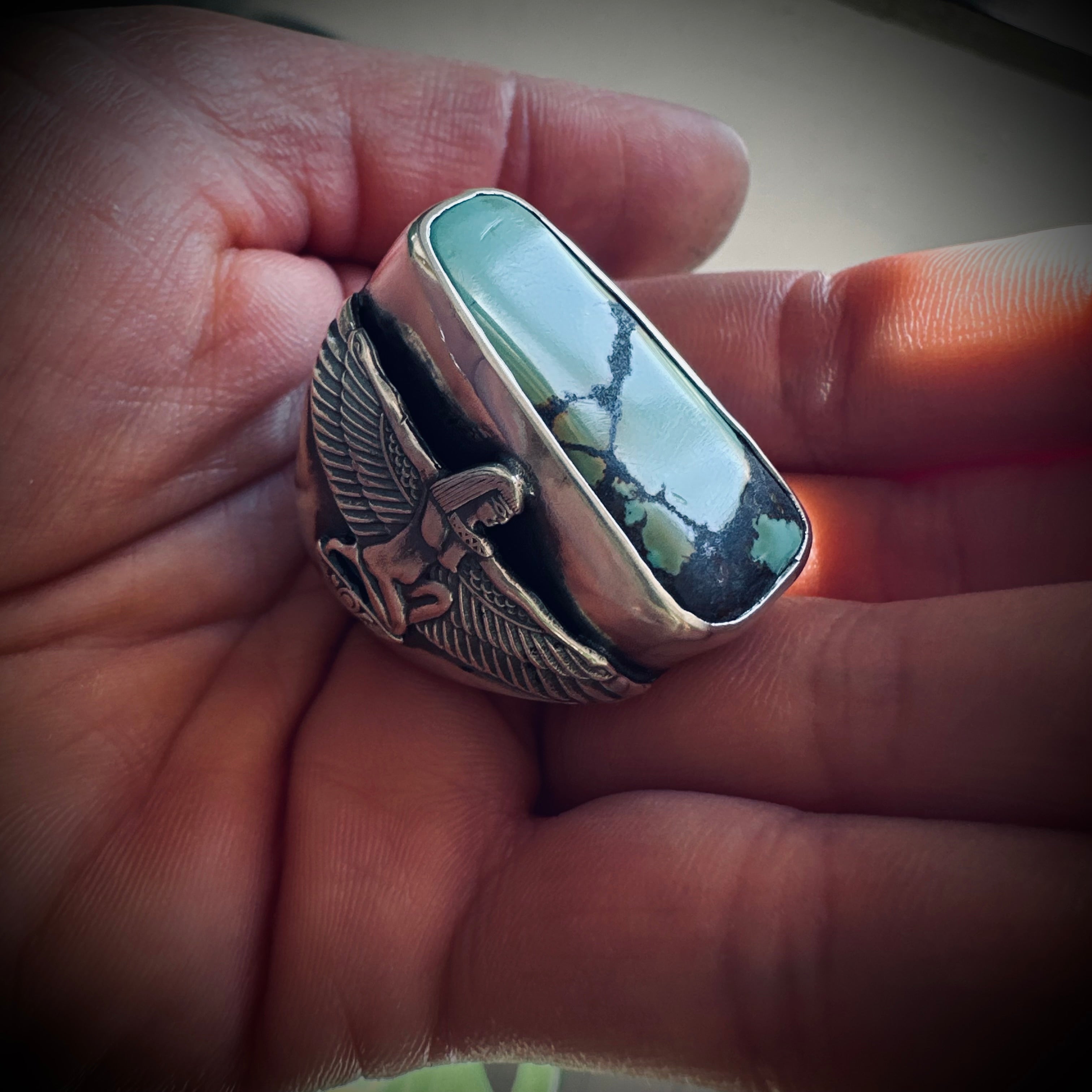 Size 9 (R 1/2) Sterling silver hallmarked turquoise winged Isis ring