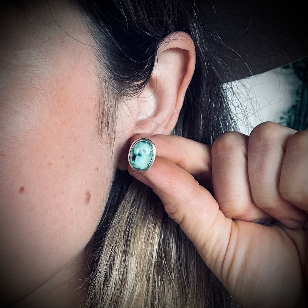 Vintage large turquoise stud earrings in sterling silver