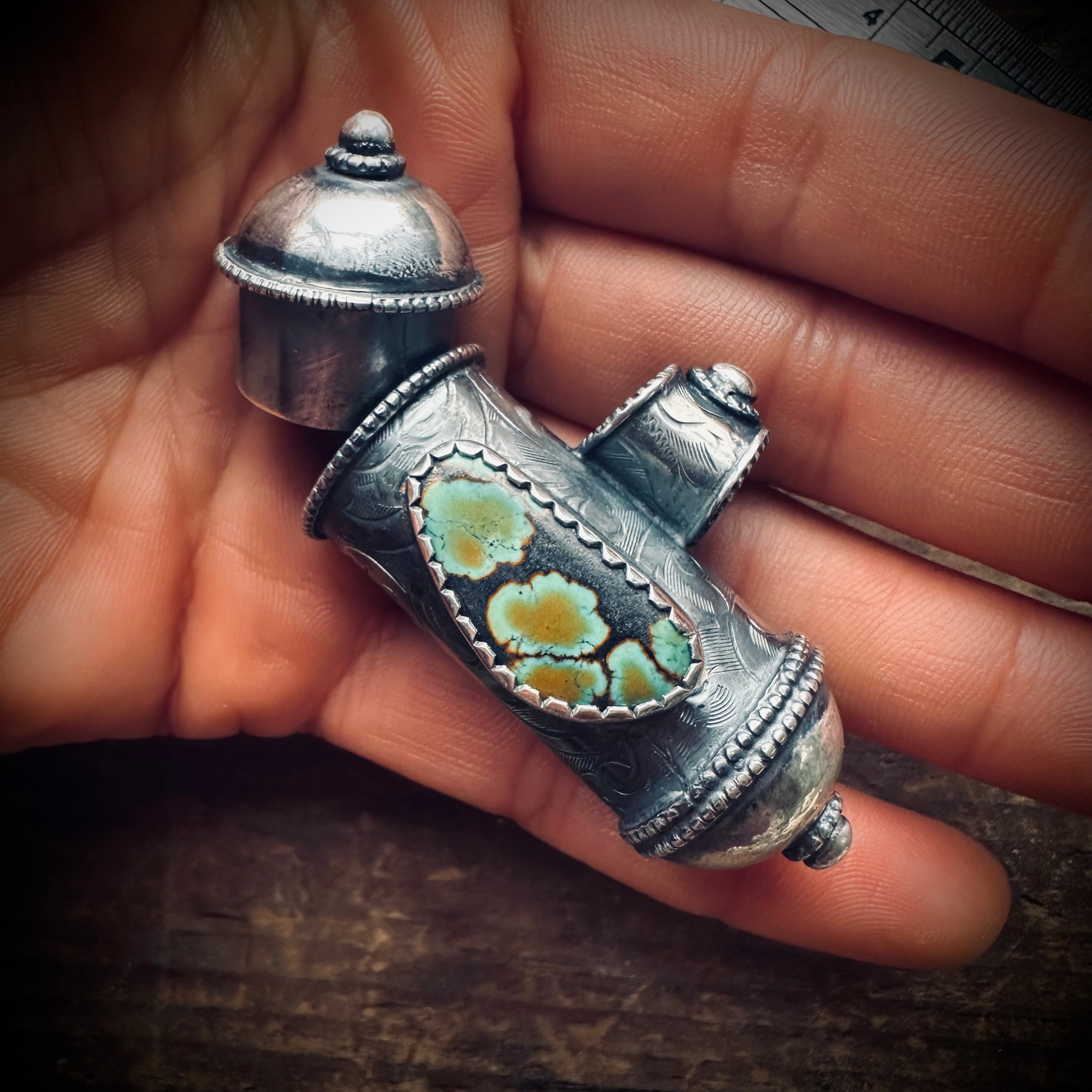 Handmade GS hallmarked sterling silver chunky prayer box pendant with turquoise