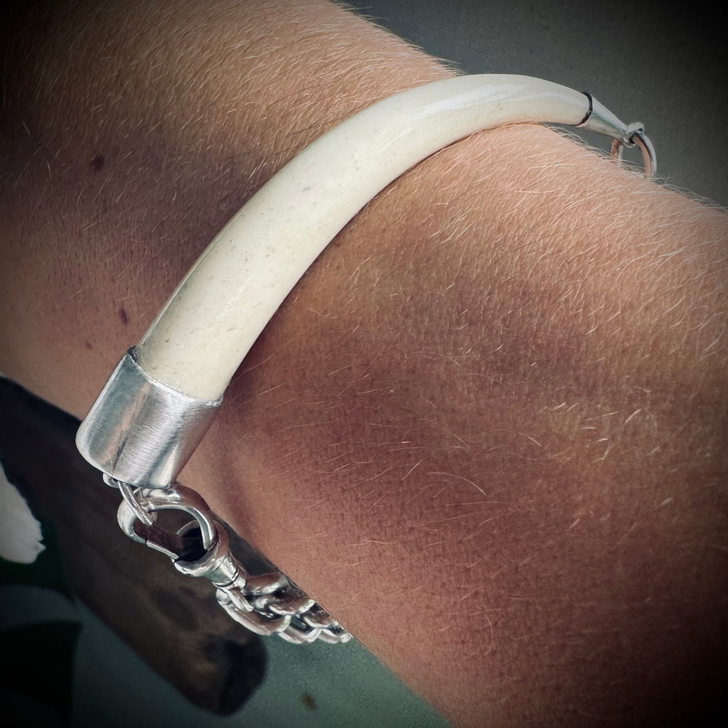8.5” handmade sterling chain and bone “tusk” bracelet with Albert clip