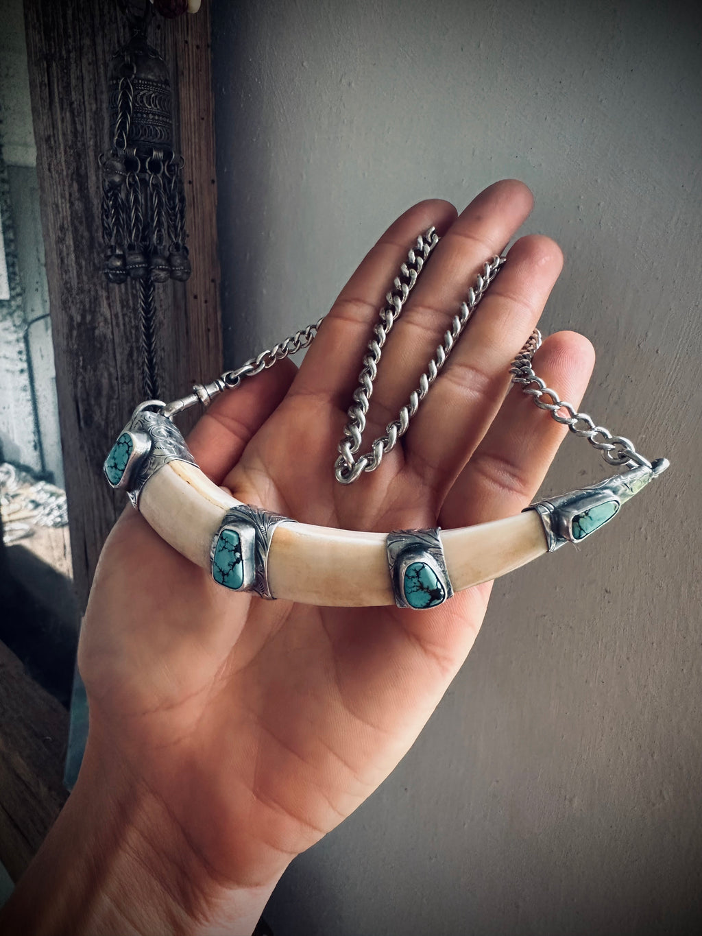 XL 5” reworked vintage tusk with turquoise in hallmarks sterling silver - 18” total length
