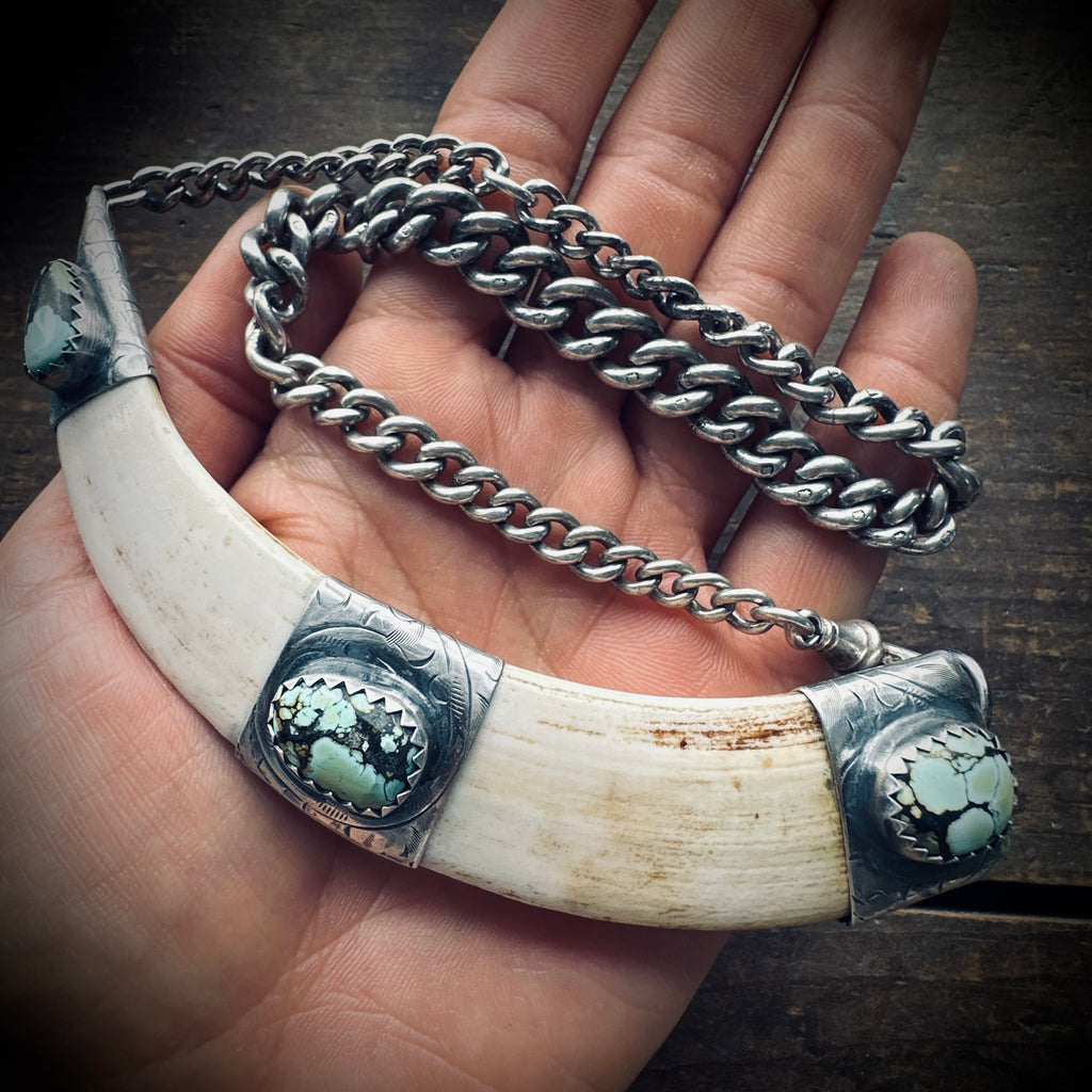 4.5” boars tusk with turquoise on 12.5” antique sterling silver Albert chain