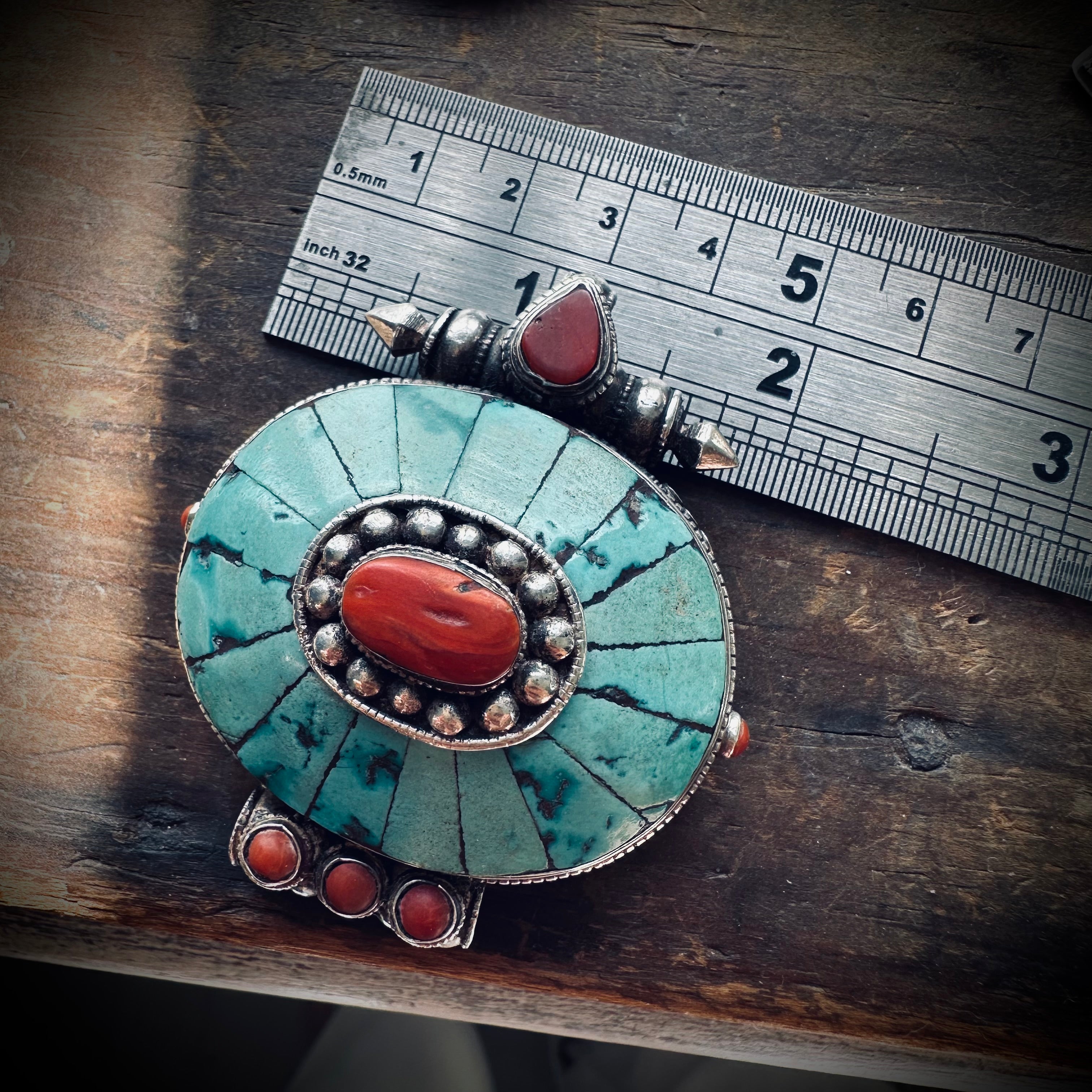 Large heavy vintage Tibetan gau prayer box pendant in sterling silver and copper with snake