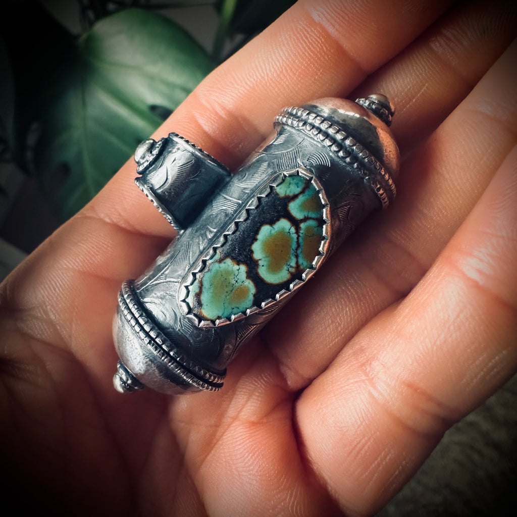 Handmade GS hallmarked sterling silver chunky prayer box pendant with turquoise