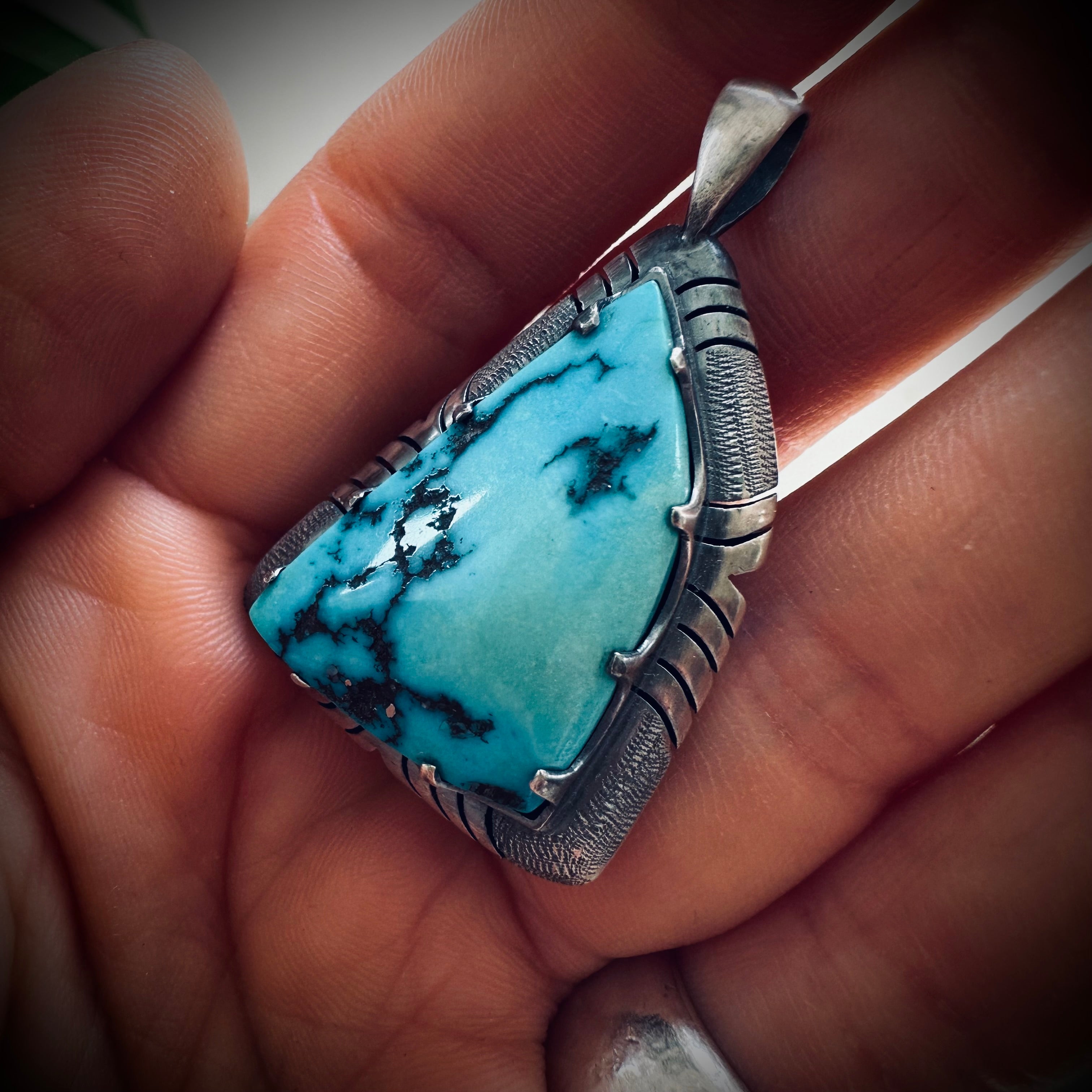 Chunky vintage Native American turquoise pendant in sterling silver