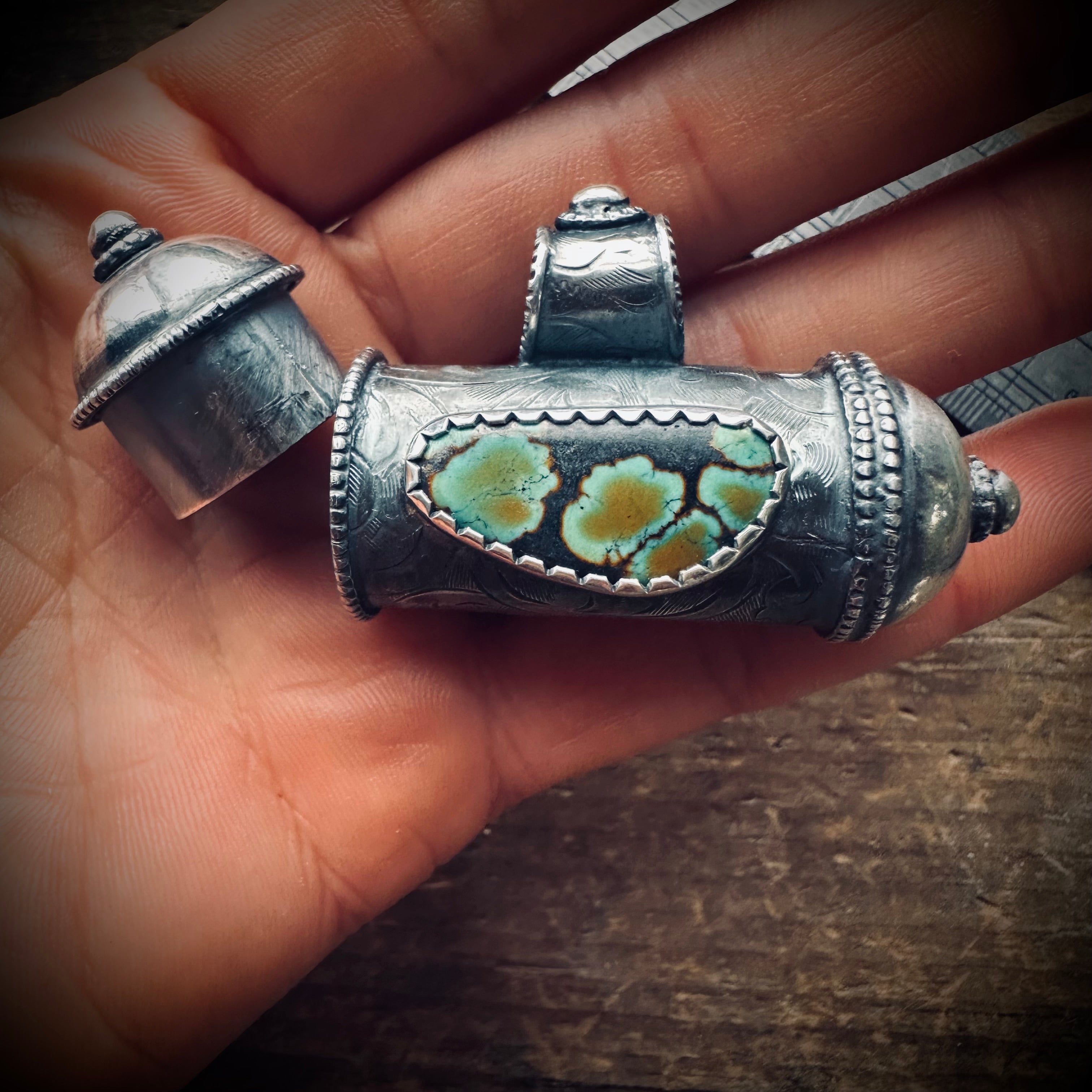 Handmade GS hallmarked sterling silver chunky prayer box pendant with turquoise