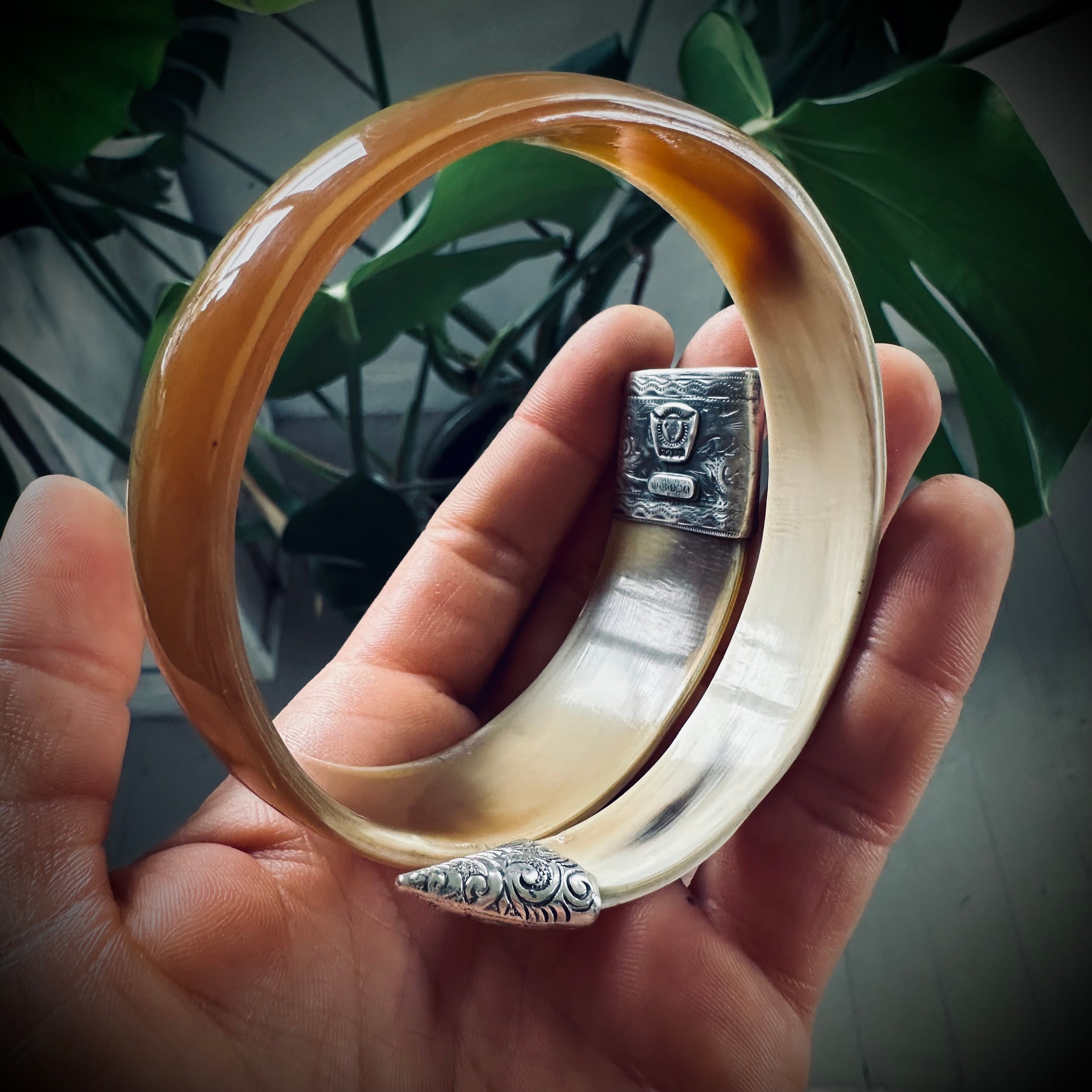 8” reworked butterscotch horn bangle in hallmarked engraved sterling silver