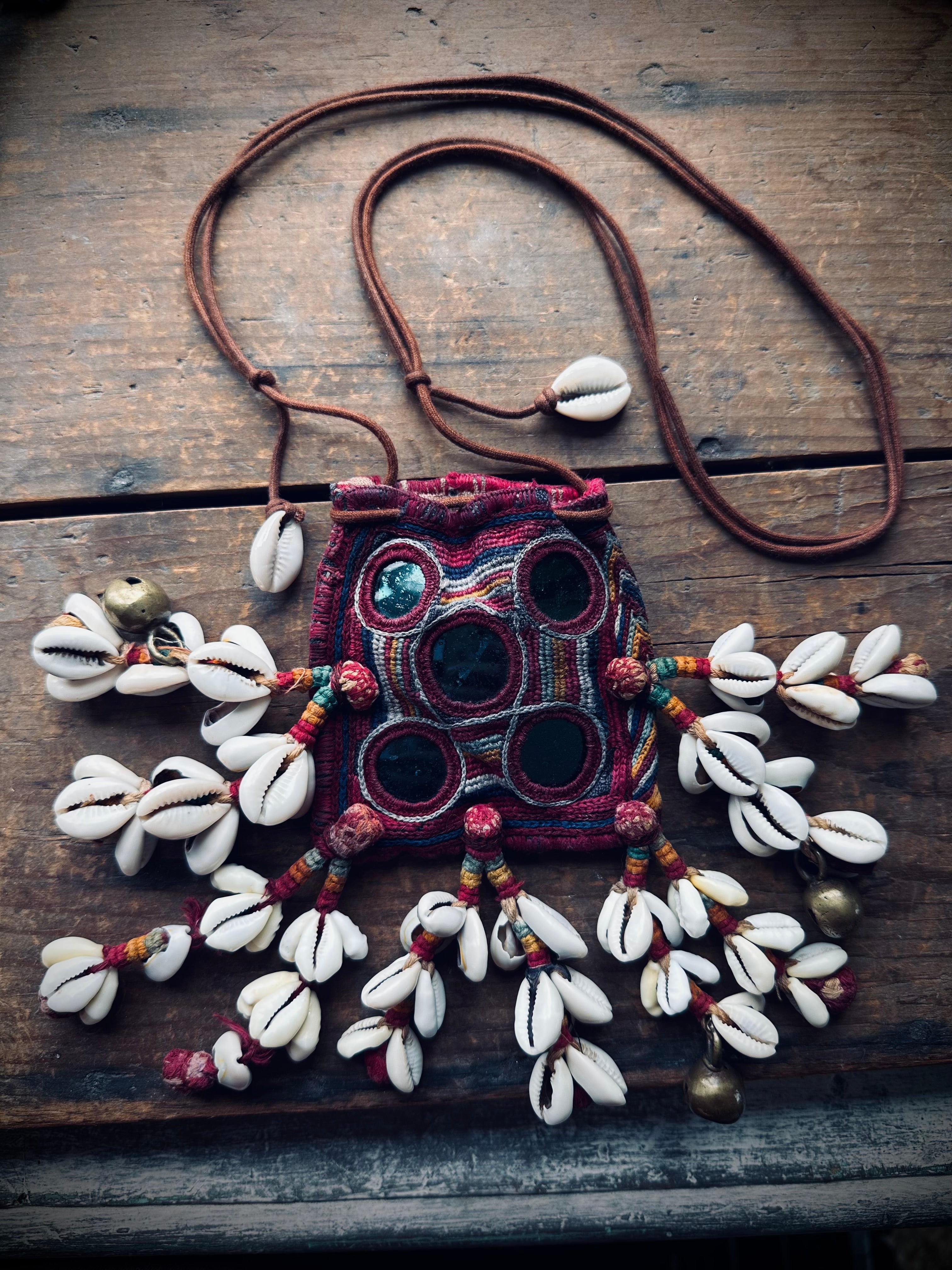 3”x3” Beautiful banjara mini pouch/purse on adjustable string with cowries