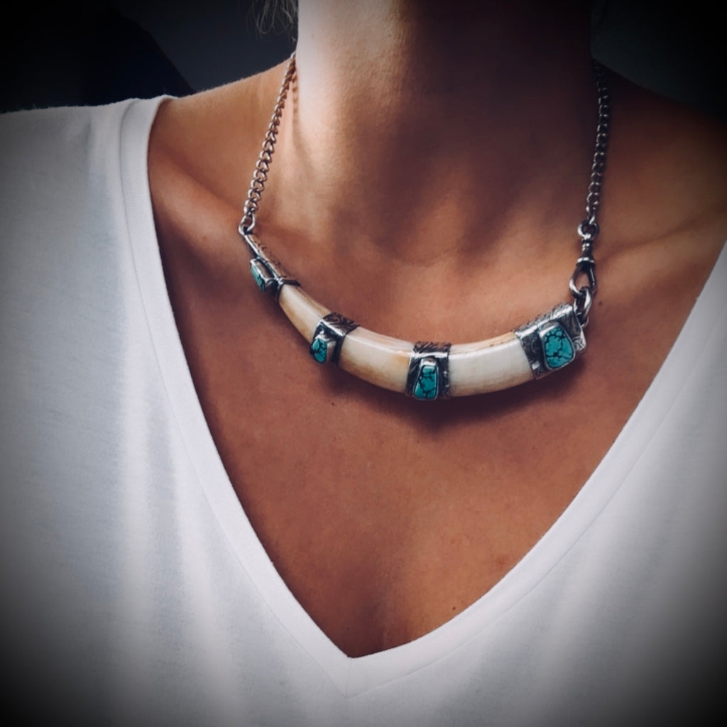 XL 5” reworked vintage tusk with turquoise in hallmarks sterling silver - 18” total length