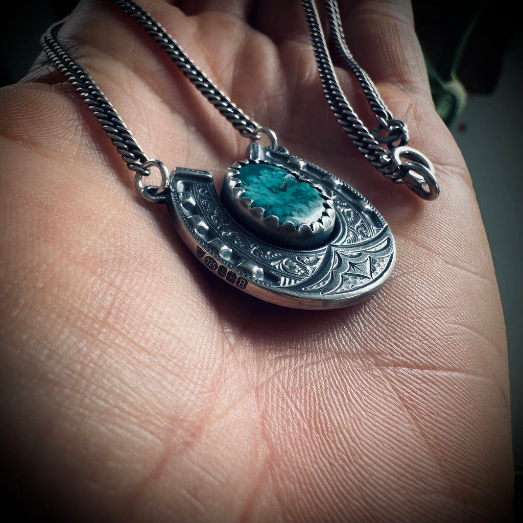 20” lucky horseshoe necklace in hallmarked sterling silver with turquoise on antique guard chain