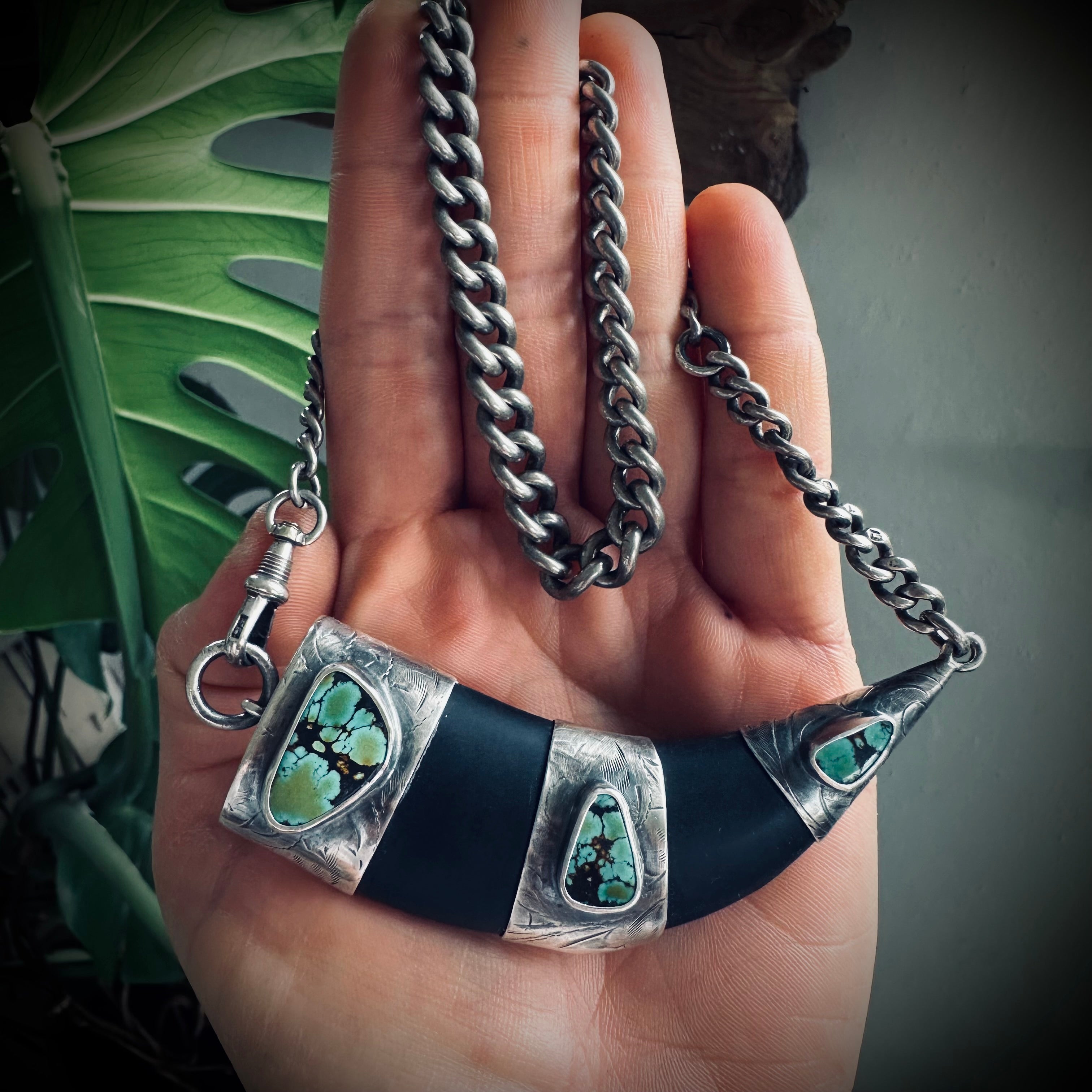 20” onyx tusk necklace in hallmarked sterling silver with turquoise and vintage chain