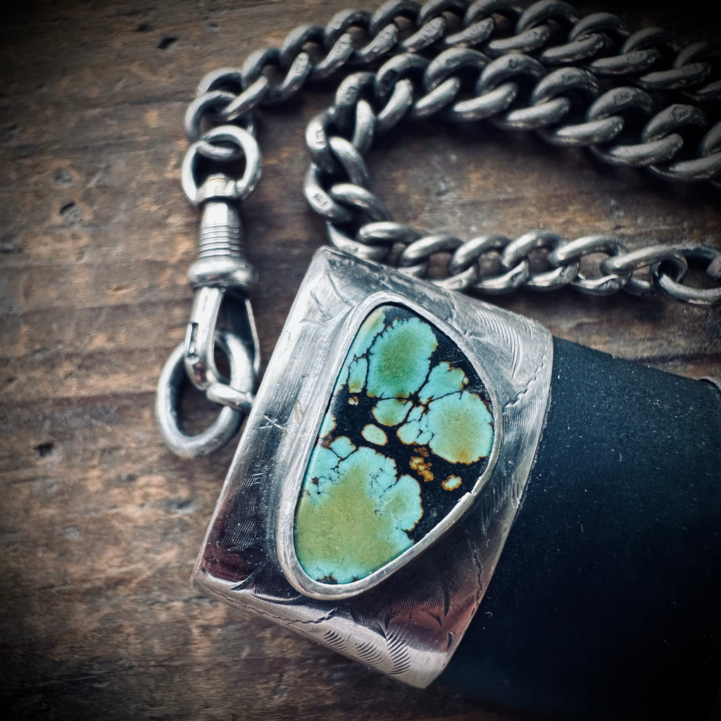 20” onyx tusk necklace in hallmarked sterling silver with turquoise and vintage chain