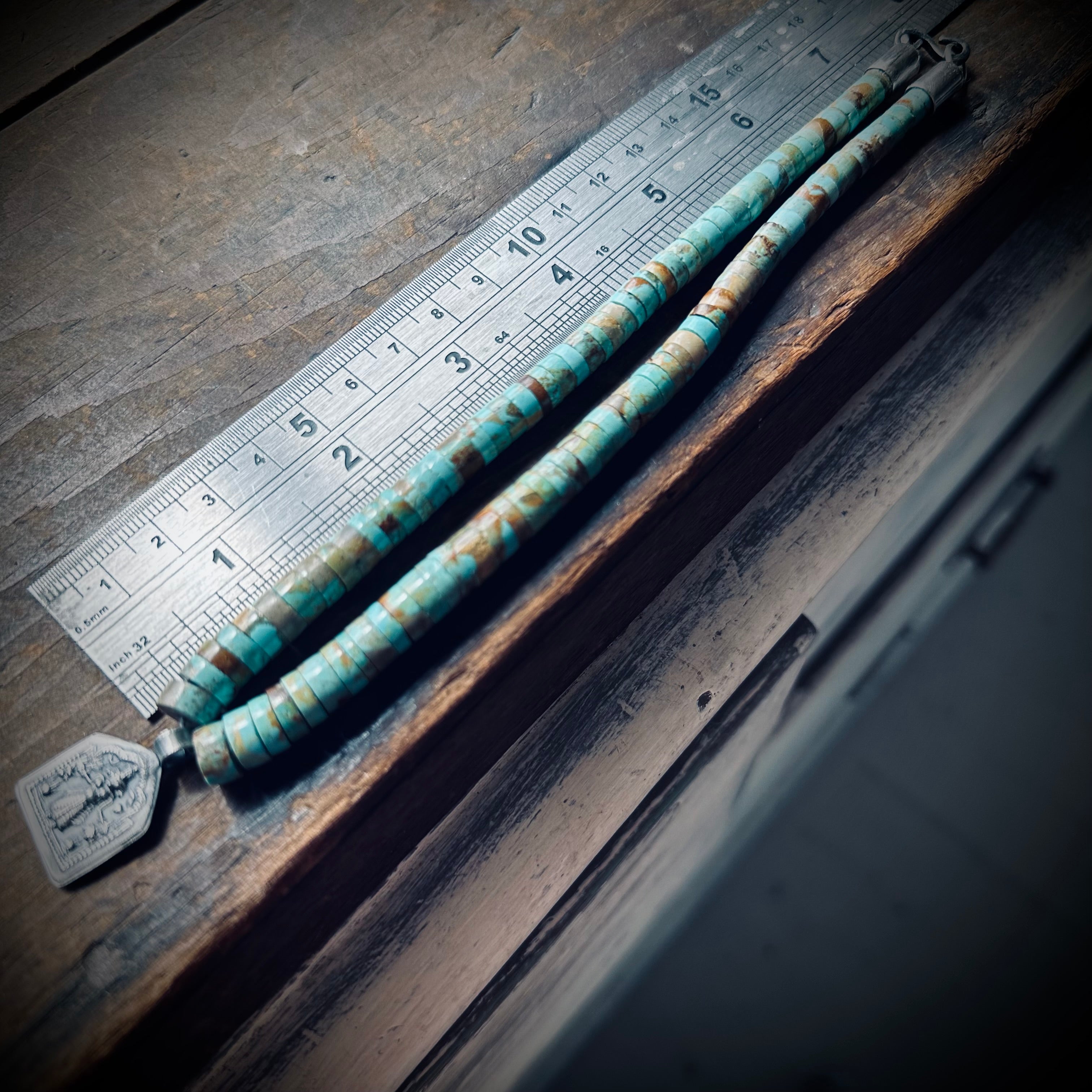 15” reworked chunky turquoise bead necklace with spiritual talisman in sterling silver