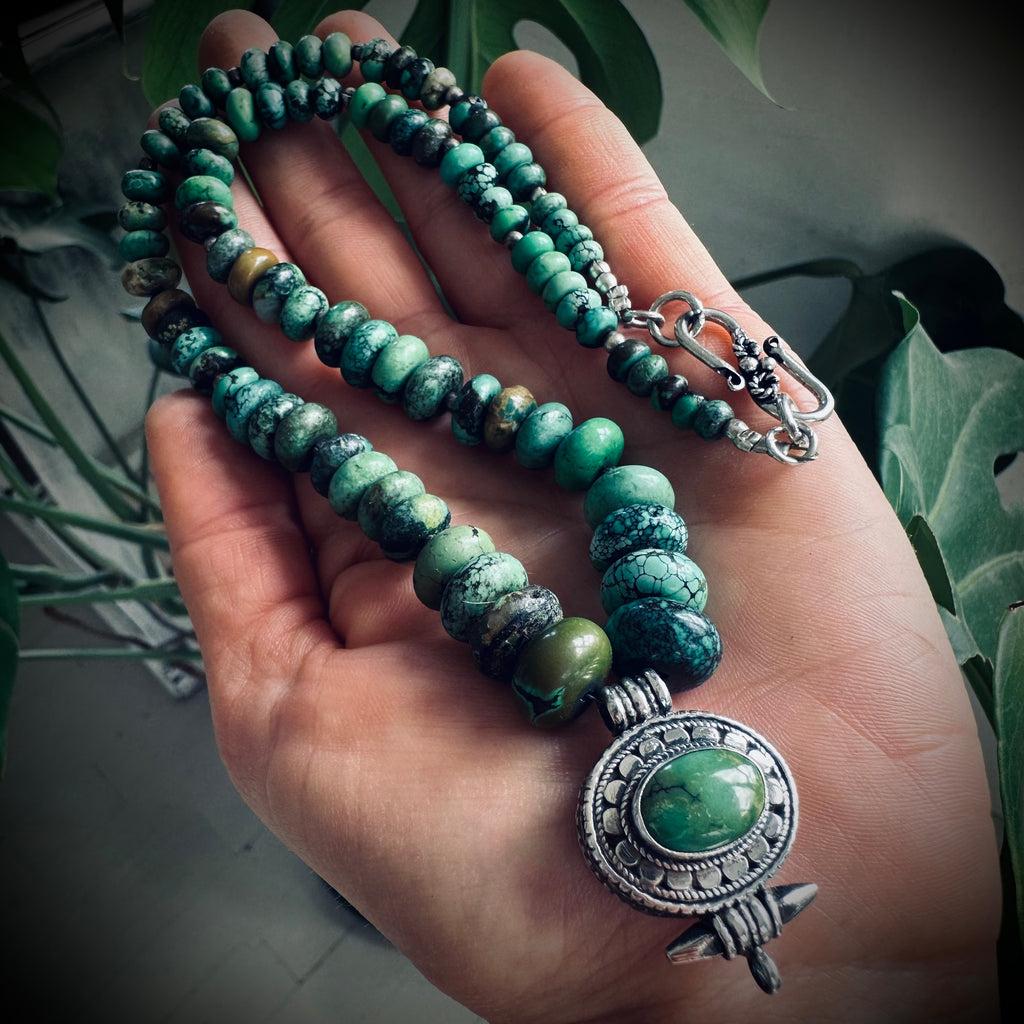 18” vintage chunky turquoise bead necklace with prayer box in sterling silver