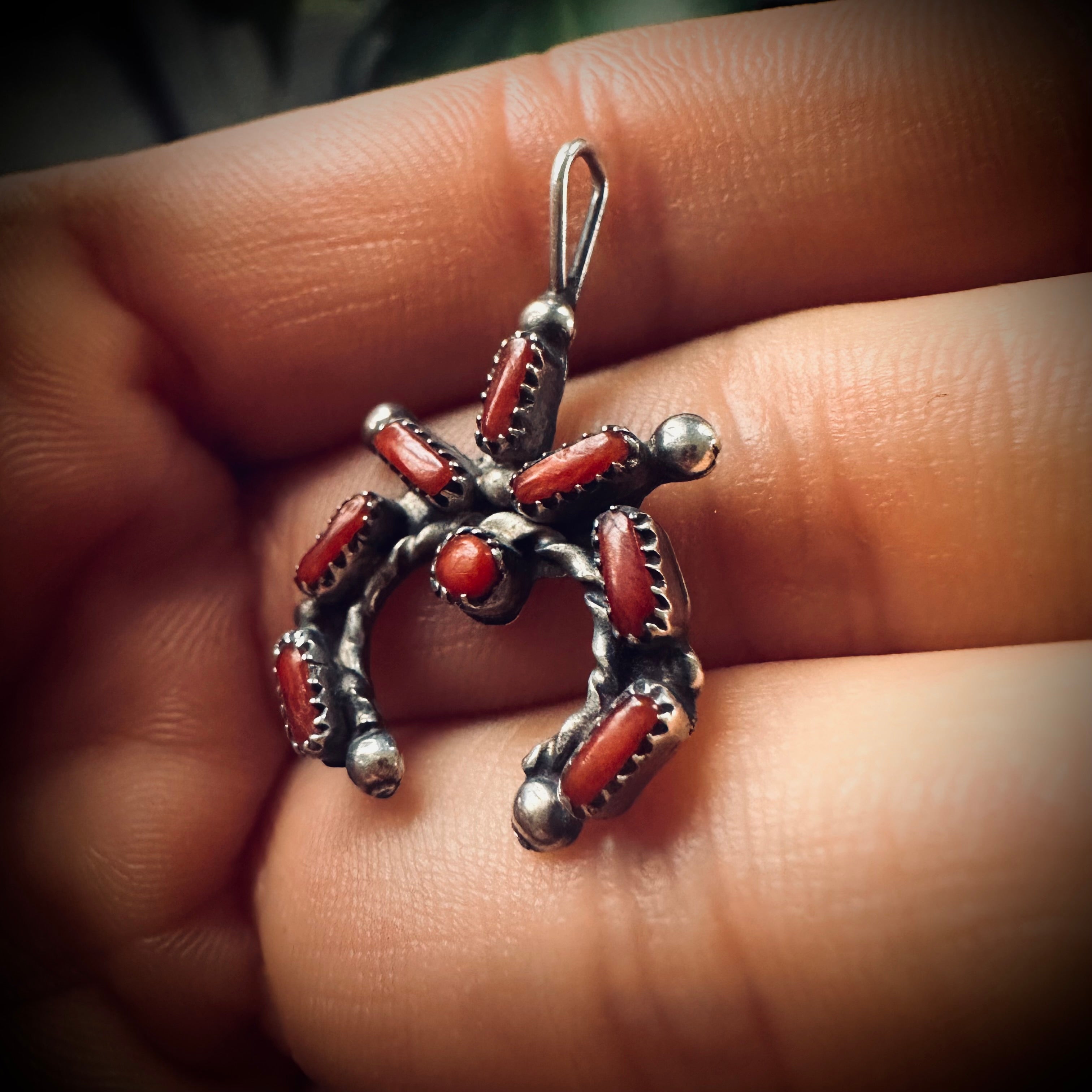 Mini Native American red coral naja pendant in sterling silver (teeth missing on a small part of the setting)