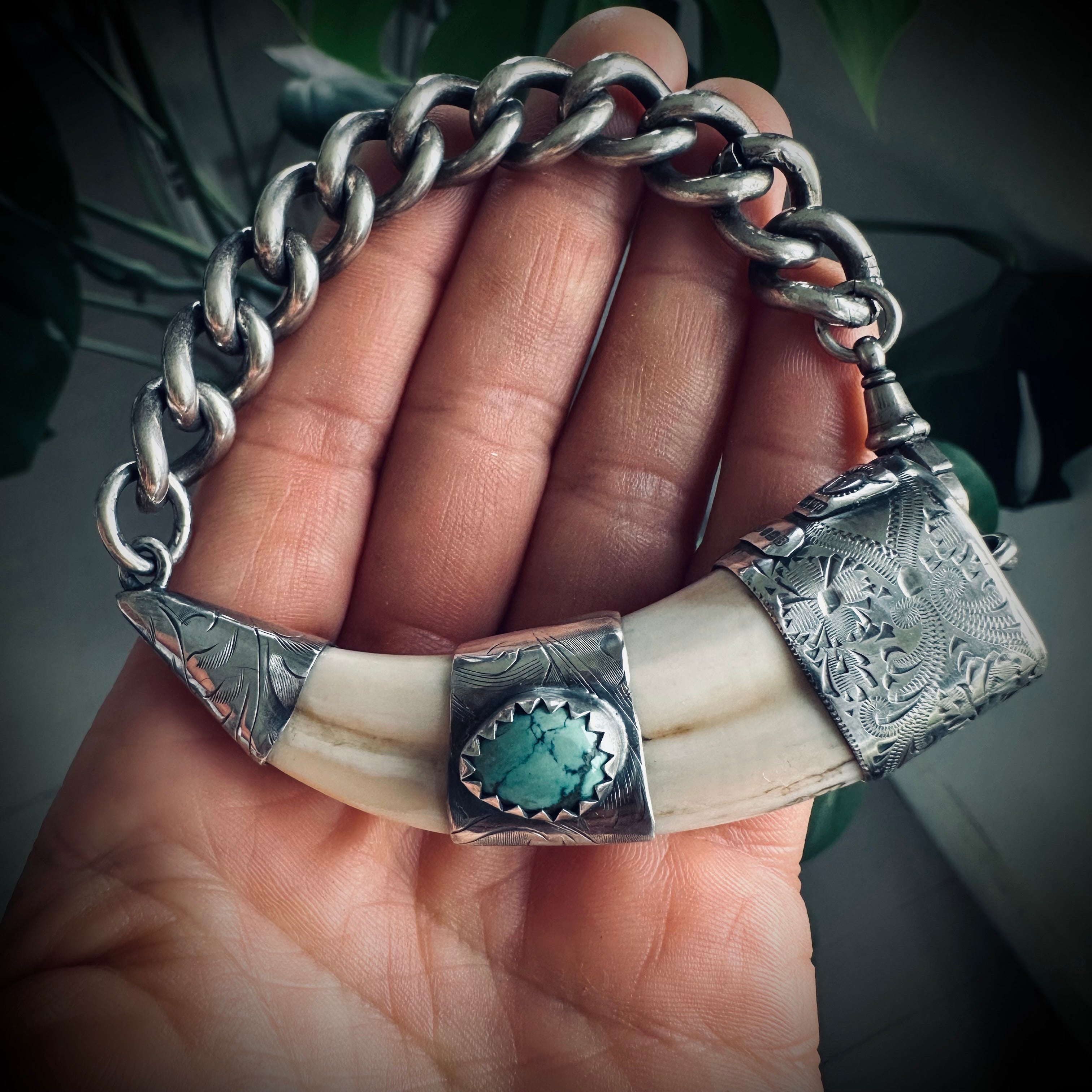 8”” reworked vintage tusk bracelet in hallmarked engraved sterling silver with turquoise