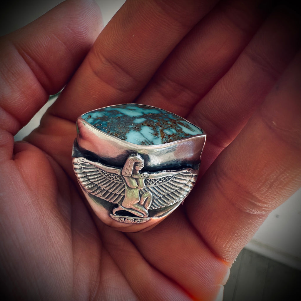 Size 8 (P 1/2) Sterling silver hallmarked turquoise winged Isis ring
