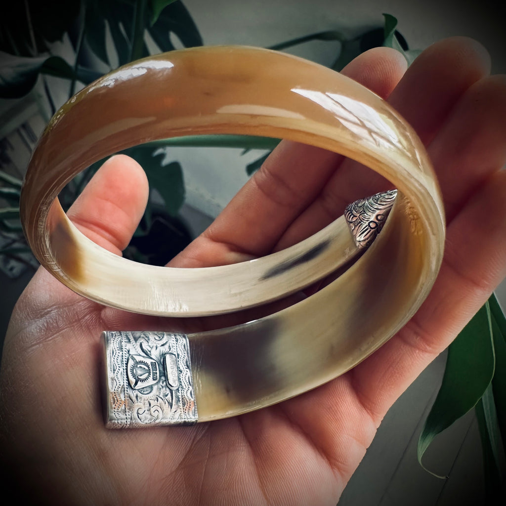 8” reworked butterscotch horn bangle in hallmarked engraved sterling silver