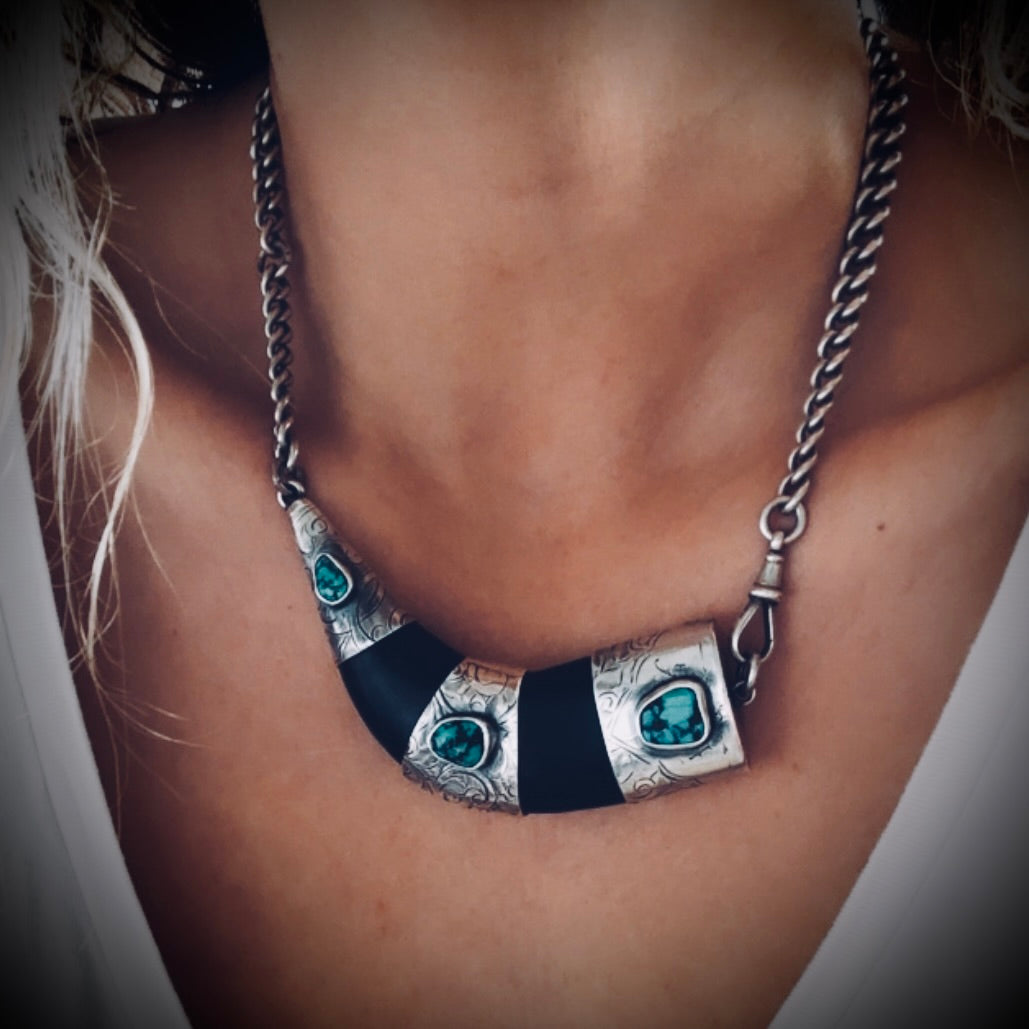 Sterling silver hallmarked black horn style necklace with reclaimed nugget turquoise and antique heavy albert chain - 17 1/2” total length