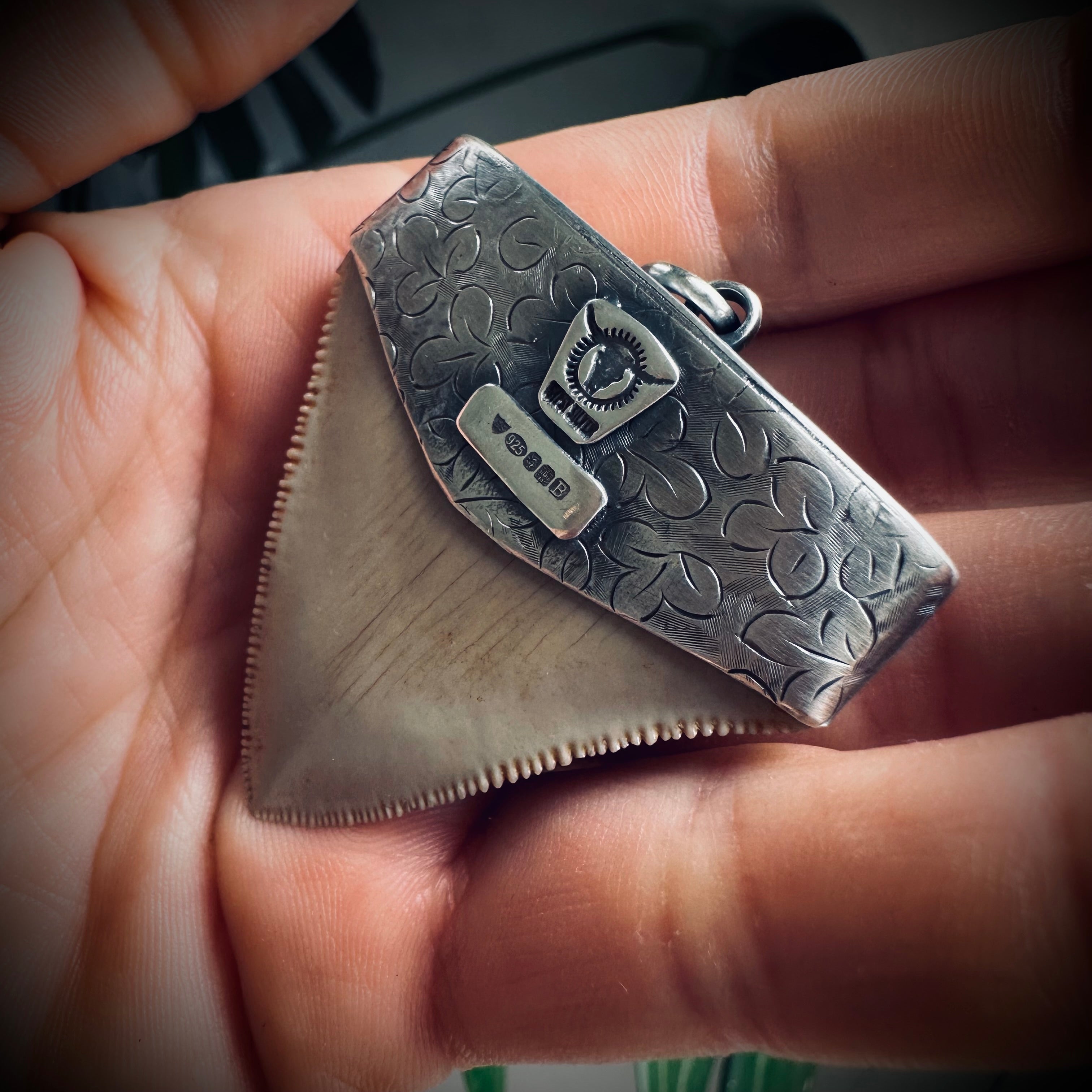 Large fossilised shark tooth pendant in hallmarked sterling silver with turquoise