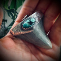 Large fossilised shark tooth pendant in hallmarked sterling silver with turquoise