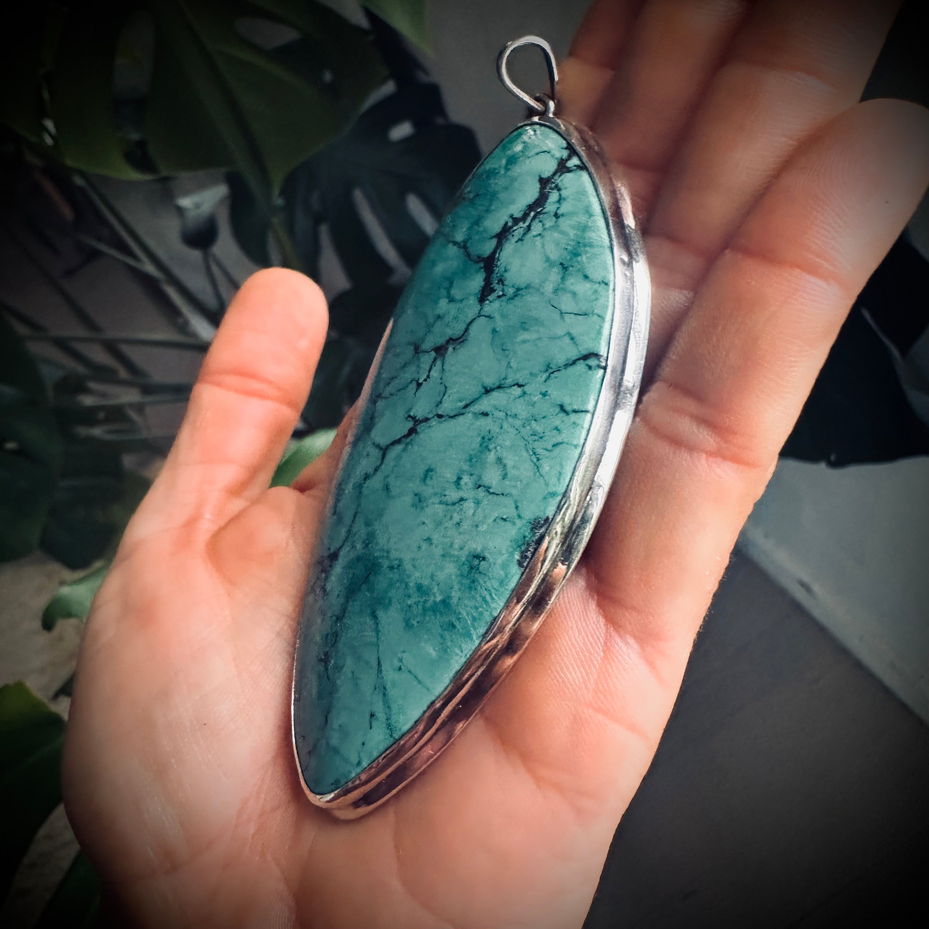XL vintage freeform turquoise slab pendant in open backed sterling silver setting