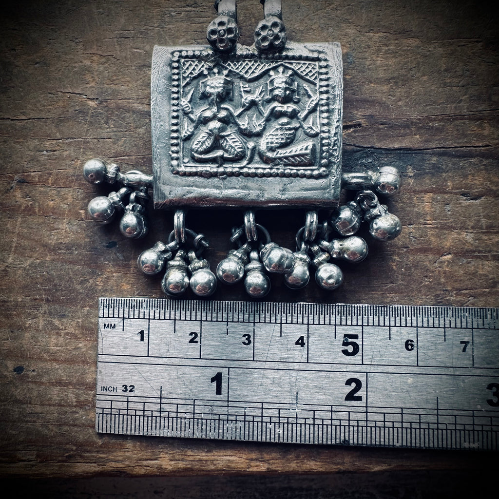 Vintage large silver deity talisman pendant with bells (heavy)