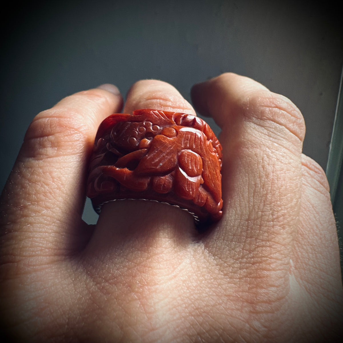 Size 7 (UK an1/2) vintage carved red jade and sterling silver ring