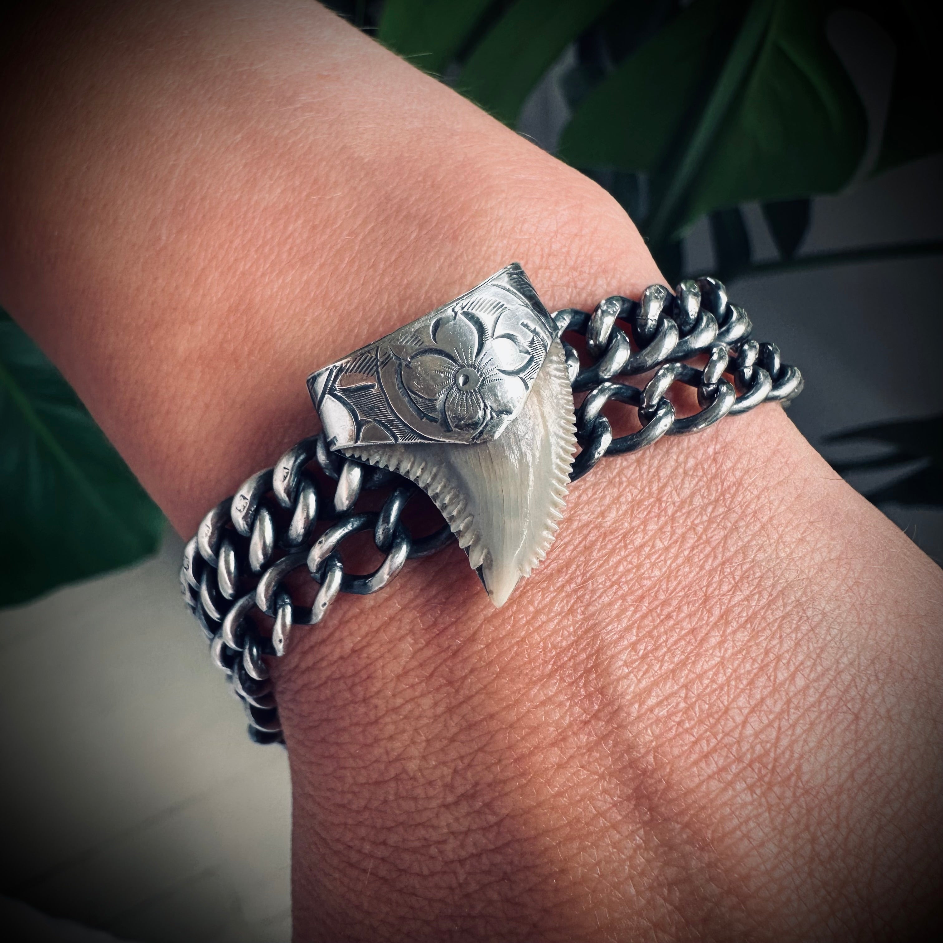 7.5” reworked double chain fossilised tooth bracelet in hallmarked engraved sterling silver with antique clip