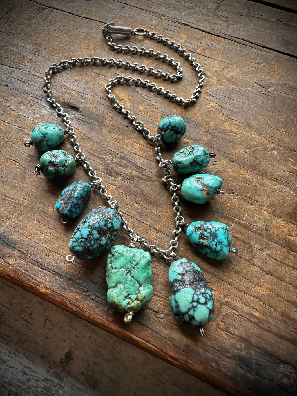 15” Vintage turquoise bead necklace with barrel clasp and sterling silver chain
